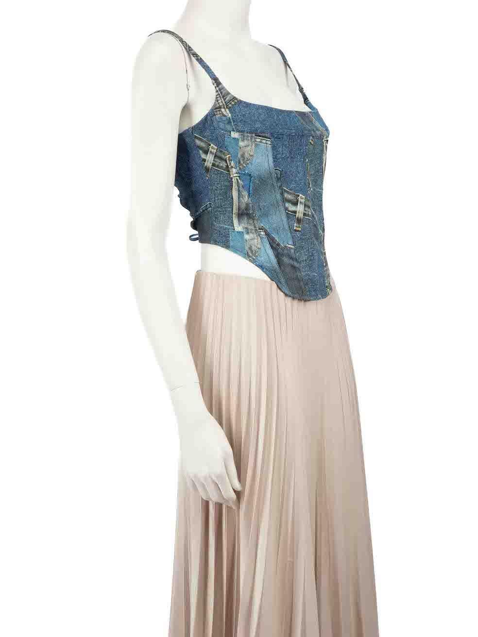 CONDITION is Never worn, with tags. No visible wear to top is evident on this new Miaou designer resale item.
 
 
 
 Details
 
 
 Blue
 
 Cotton
 
 Corset top
 
 Sleeveless
 
 Graphic patchwork printed
 
 Cropped length
 
 Back lace up closure
 
 
