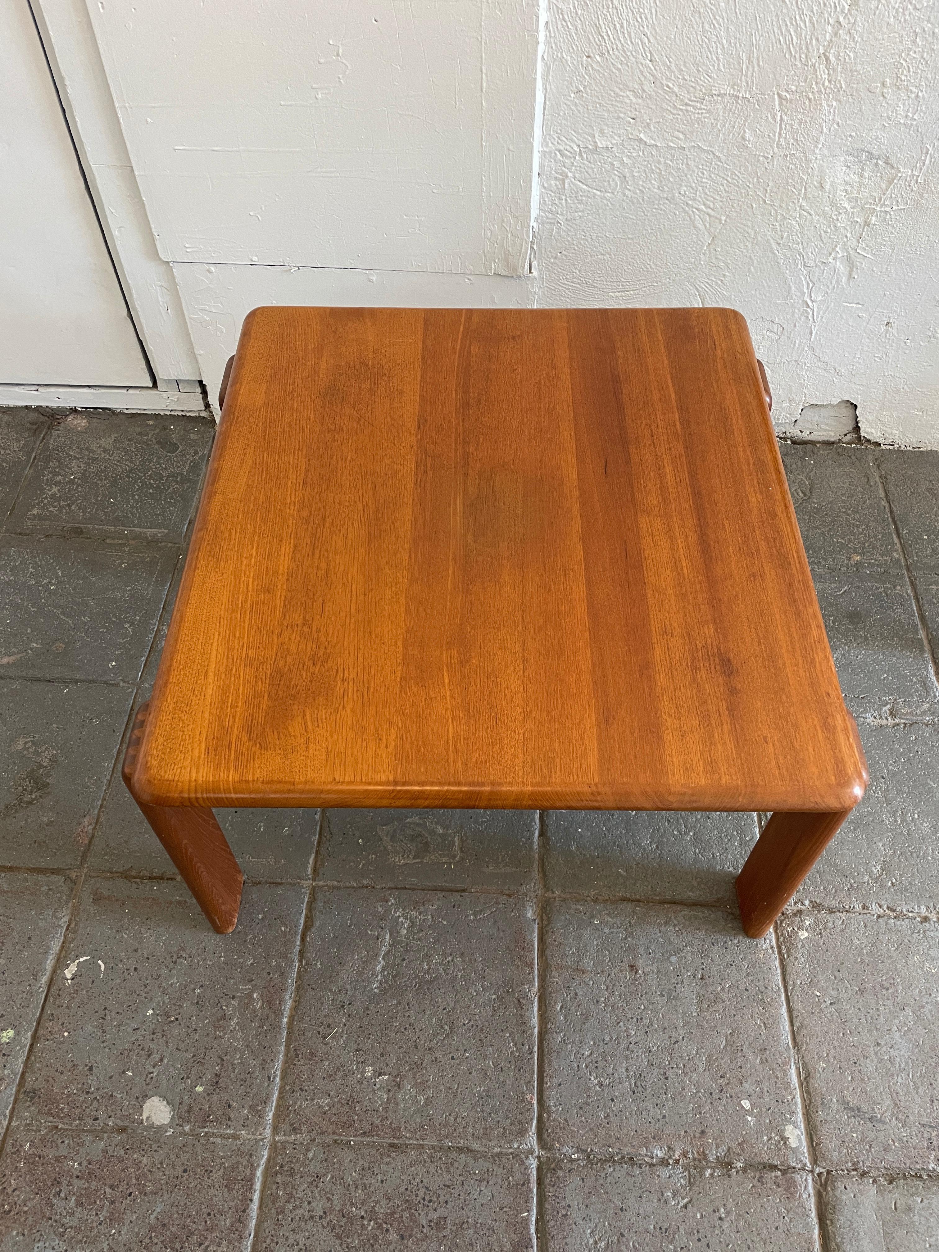 Beautiful Solid teak side table table. Amazing jointery on legs very sturdy and great design. 
Located in Brooklyn NYC. No Labels or MFG marks.

Style of Hvidt & Mølgaard

Measures
19.50