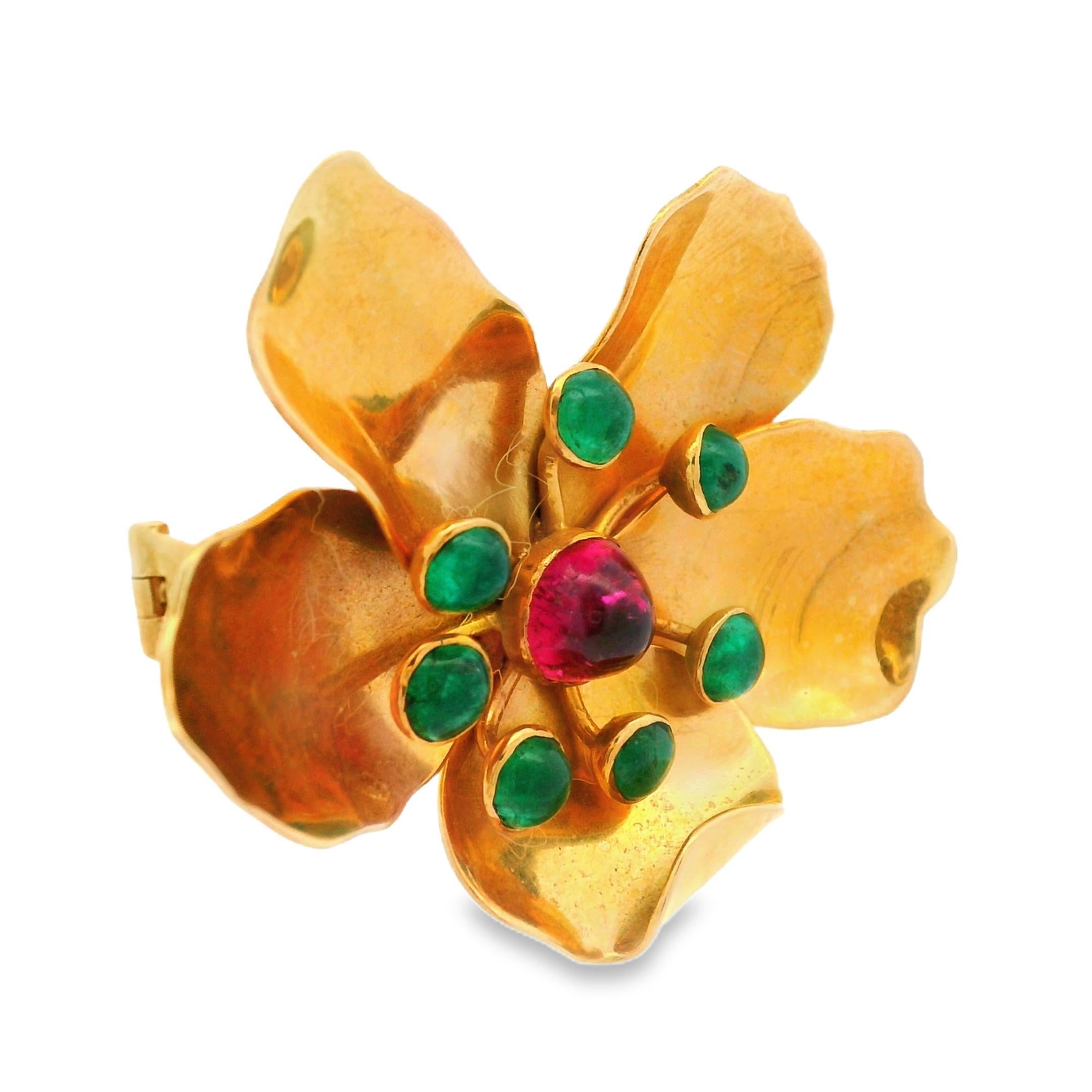 Cabochon Mic Neugel MCM 18k Yellow Gold Tourmaline and Emerald Flower Brooch For Sale