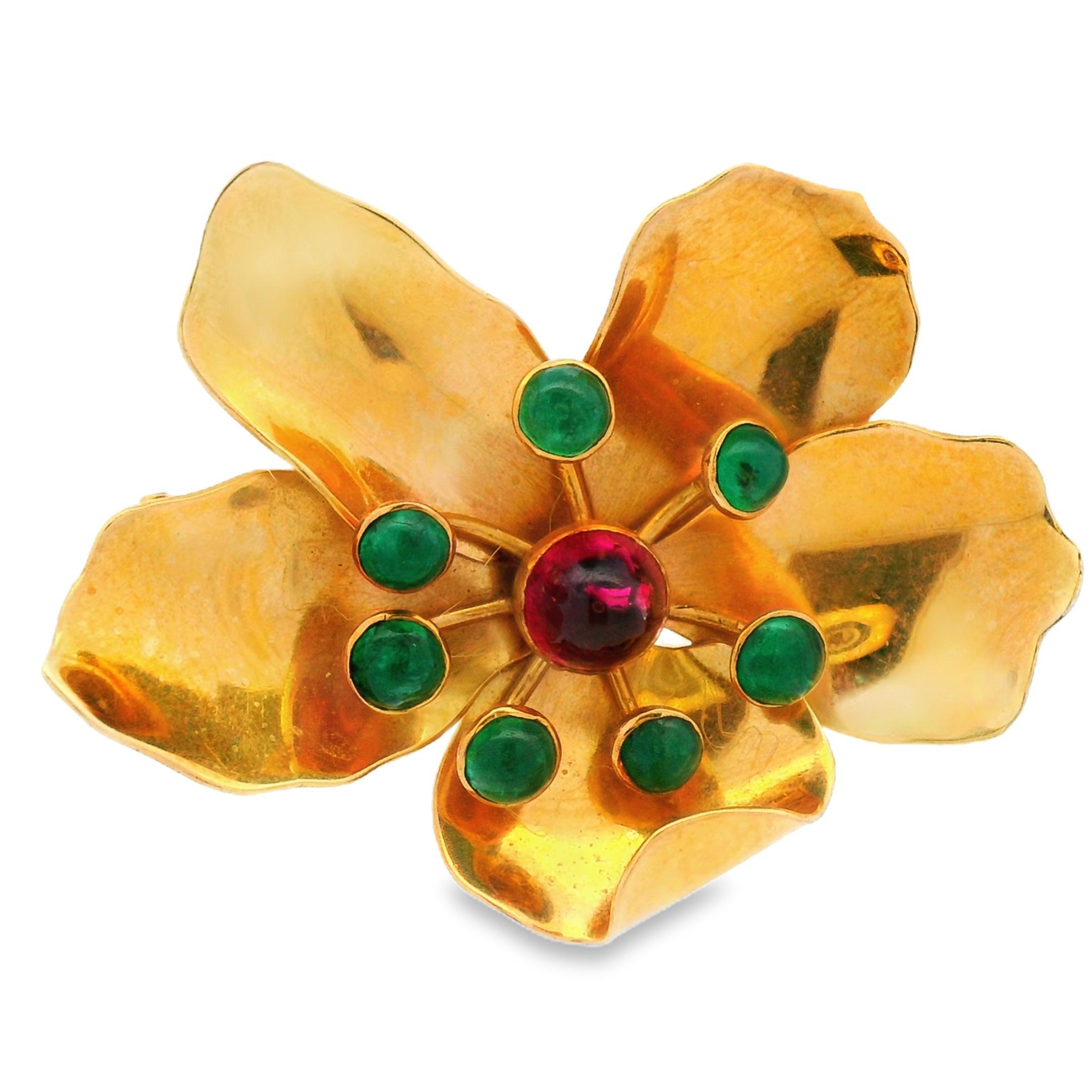 Mic Neugel MCM 18k Yellow Gold Tourmaline and Emerald Flower Brooch For Sale 1