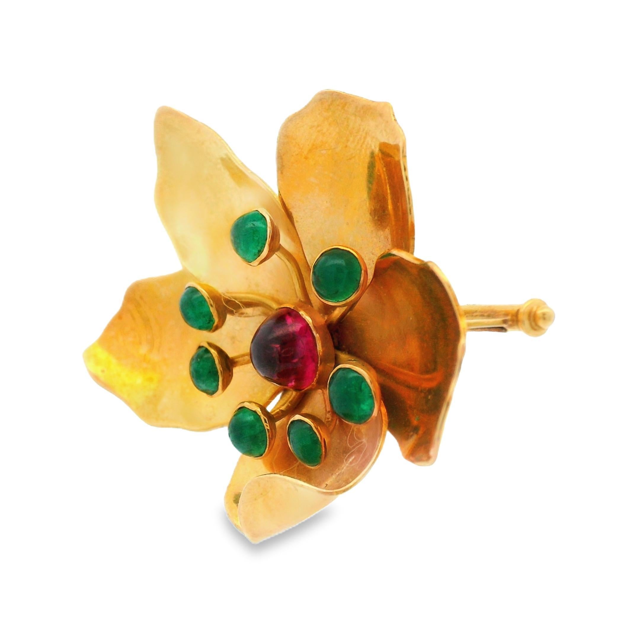 Mic Neugel MCM 18k Yellow Gold Tourmaline and Emerald Flower Brooch For Sale 2