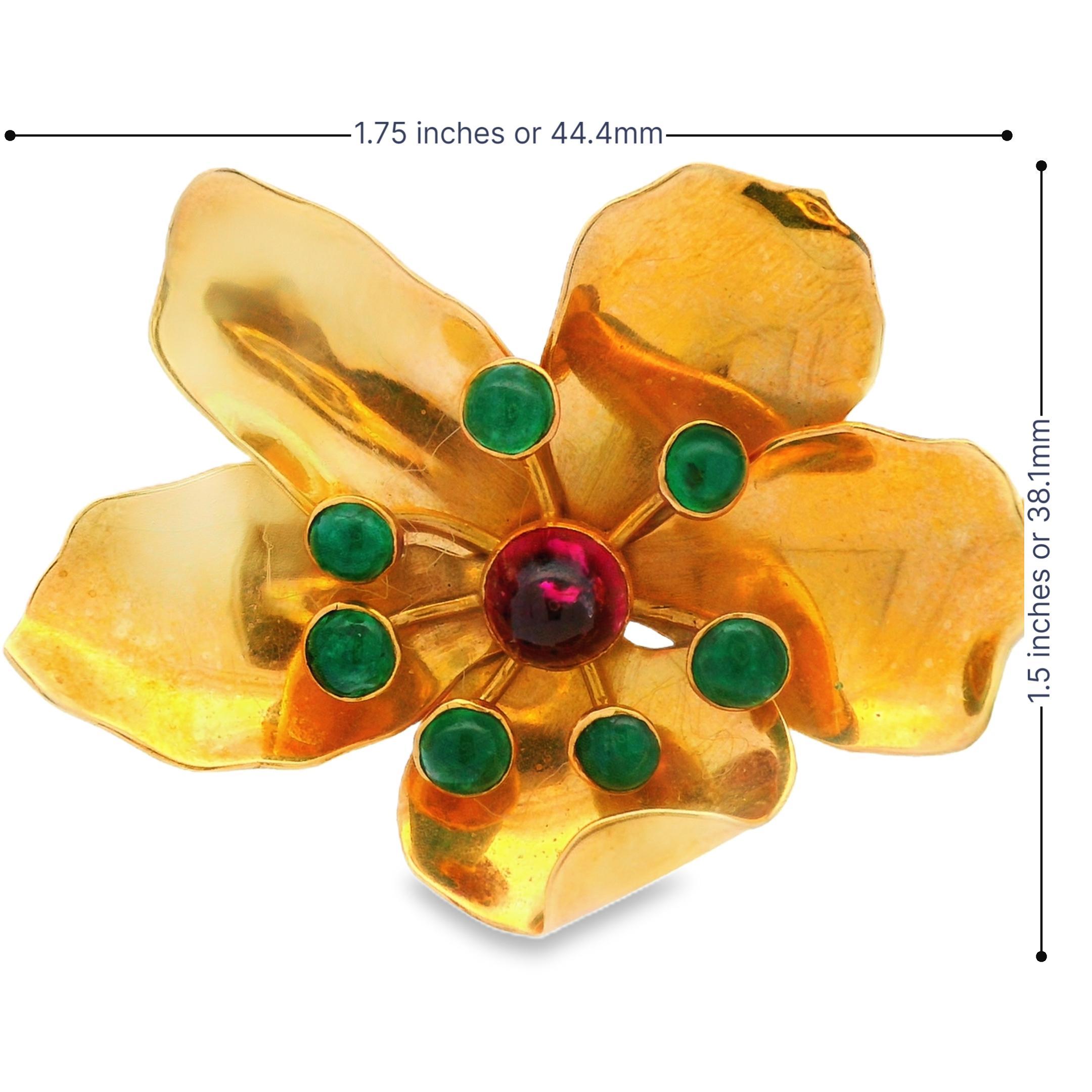 Mic Neugel MCM 18k Yellow Gold Tourmaline and Emerald Flower Brooch For Sale 4