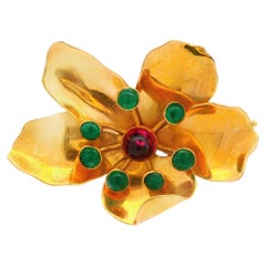 Mic Neugel MCM 18k Yellow Gold Tourmaline and Emerald Flower Brooch