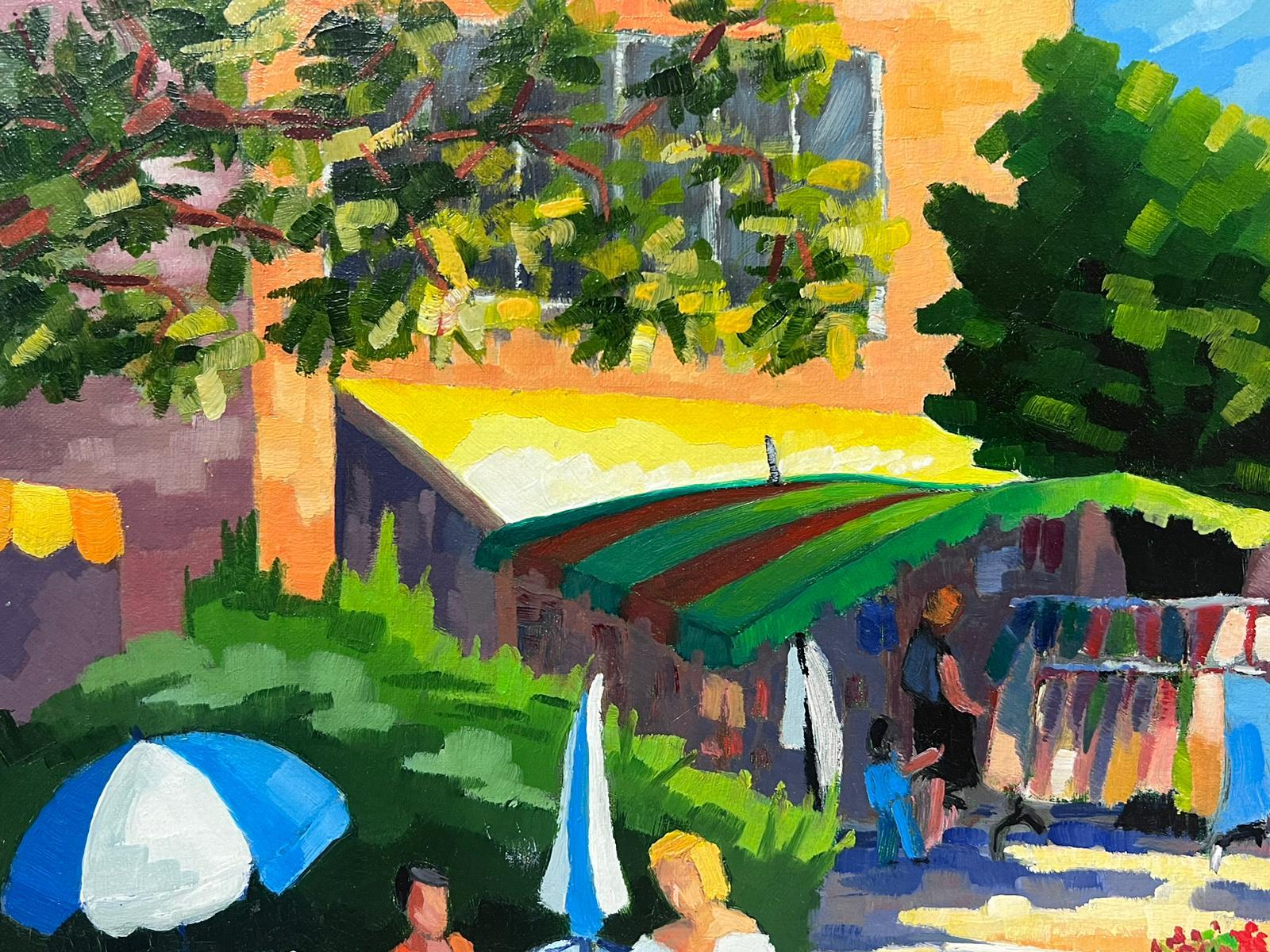Bright & Sunny Provence Cafe Scene Figures in Rustrel Vaucluse Signed French Oil For Sale 1