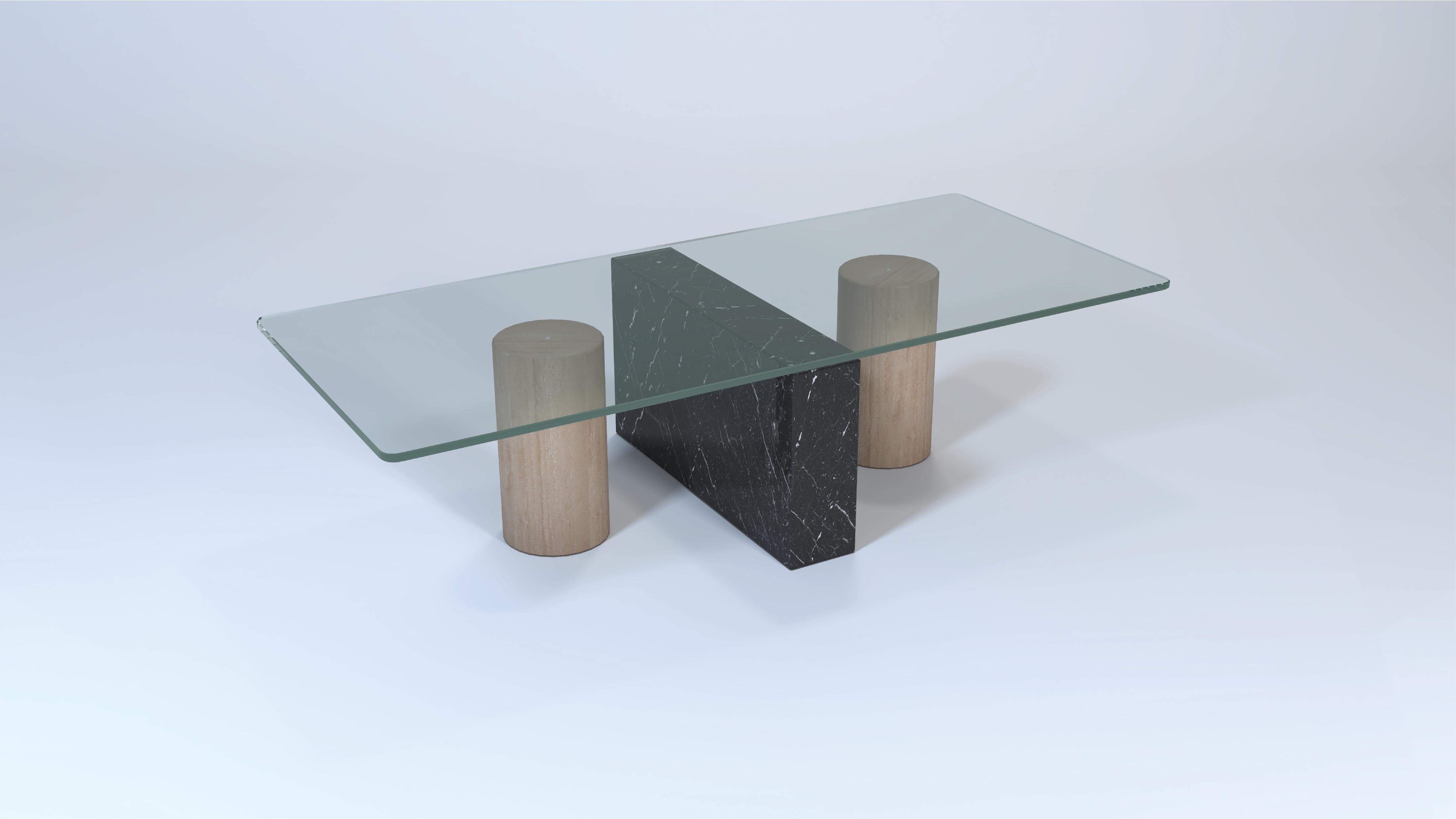 Post-Modern MICA Coffee Table Travertine & Negro Marquina Marble & Crystal Spain in Stock For Sale