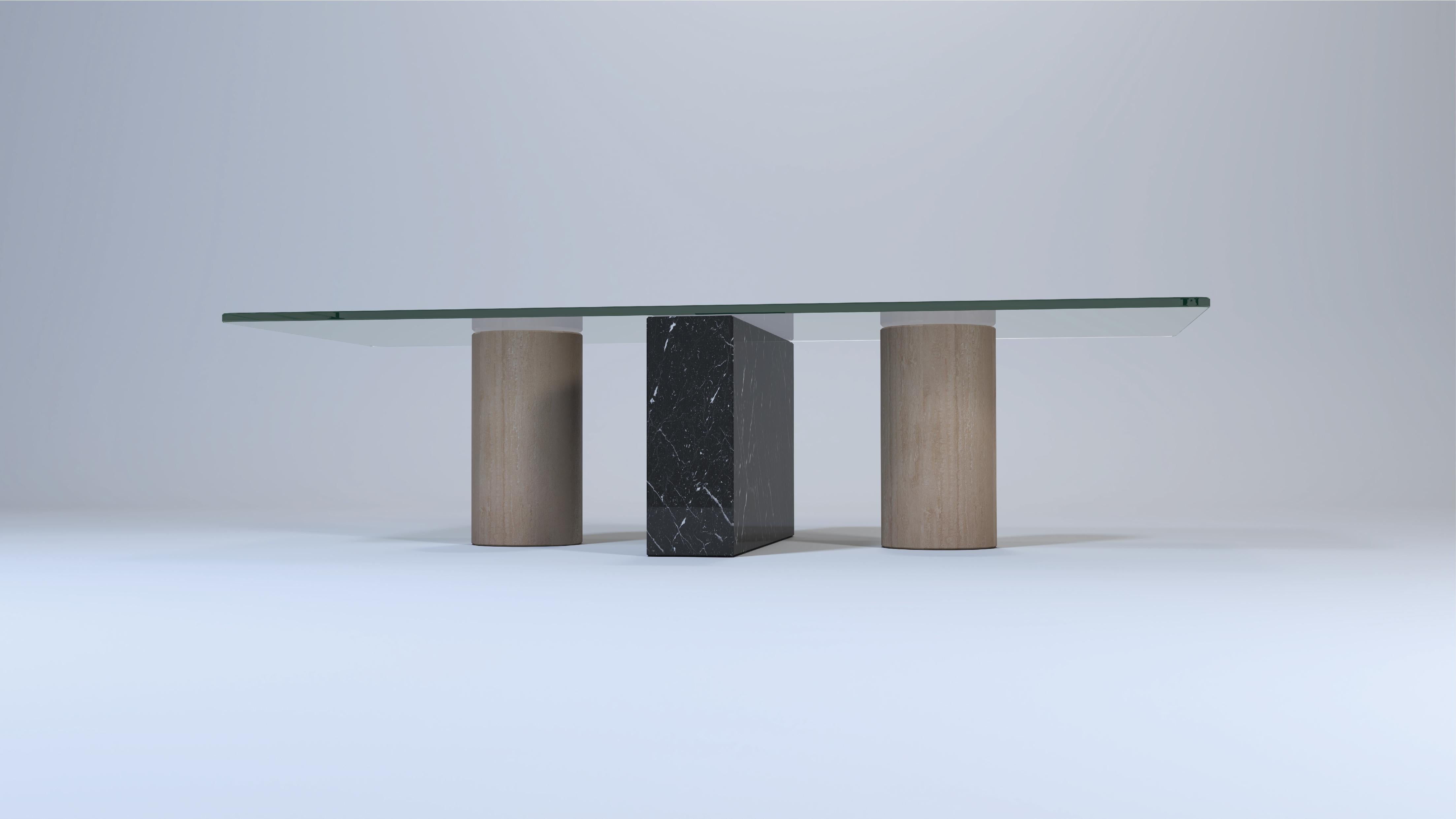 Hand-Crafted MICA Coffee Table Travertine & Negro Marquina Marble & Crystal Spain in Stock For Sale