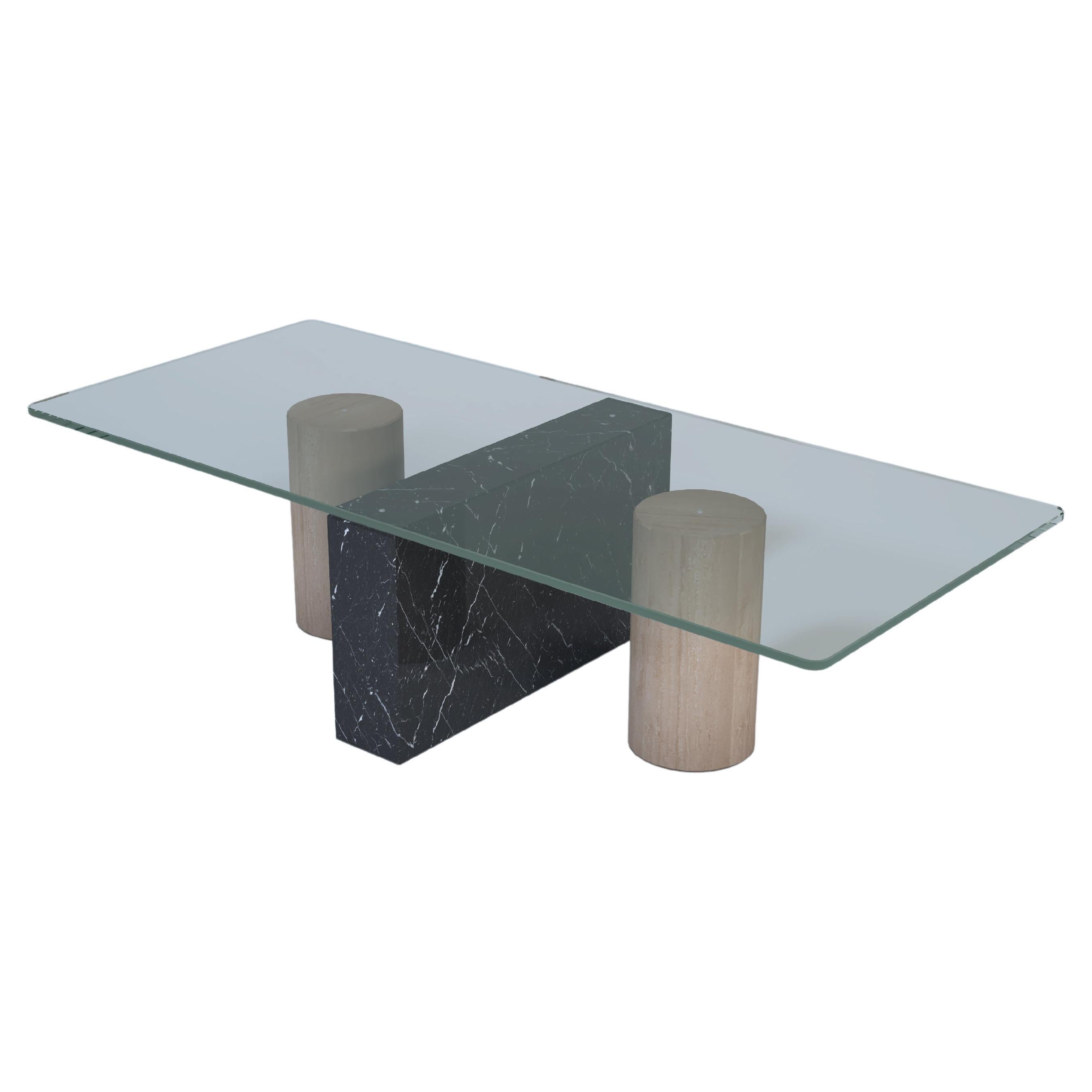 MICA Coffee Table Travertine & Negro Marquina Marble & Crystal Spain in Stock For Sale