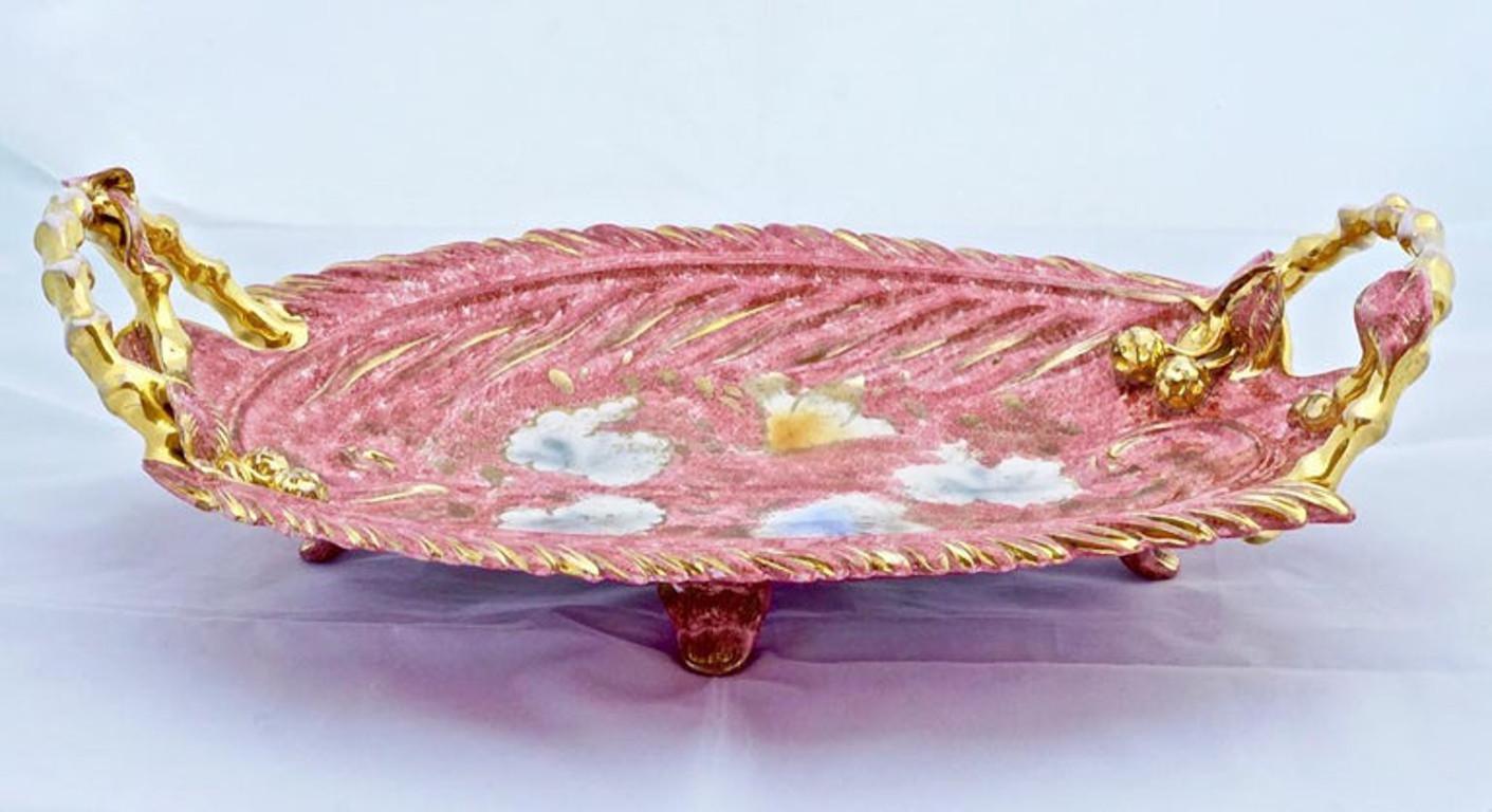 Mid-20th Century Mica Italy Hand Painted Pink and Gold Oval Ceramic Dish Centrepiece circa 1950s For Sale