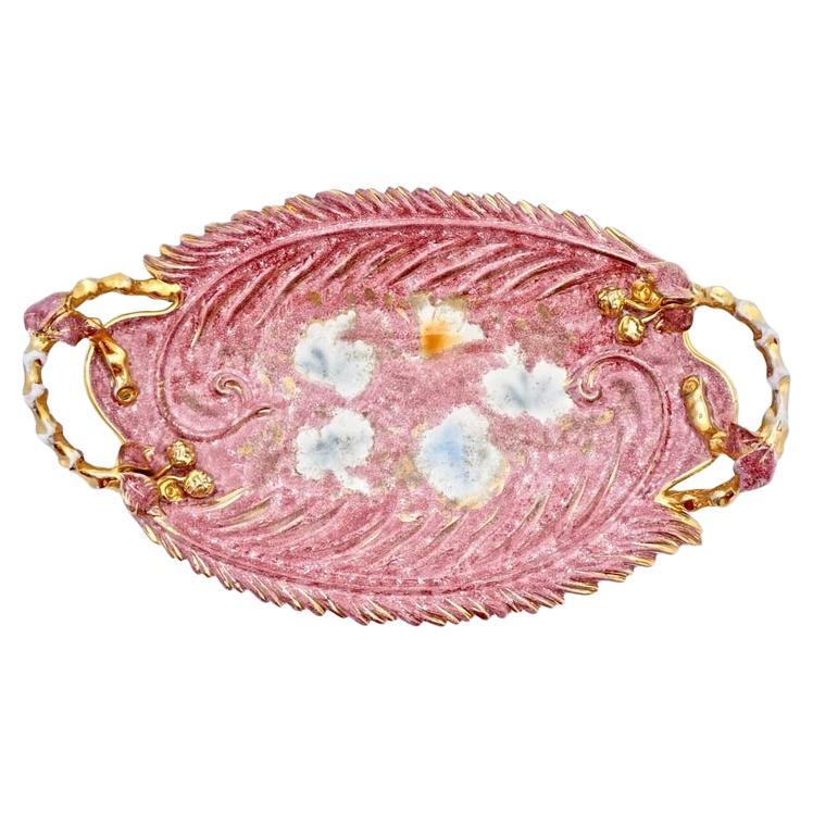 Ovaler Tafelaufsatz aus handbemalter rosa und goldener Keramik von Mica, Italien, ca. 1950er Jahre