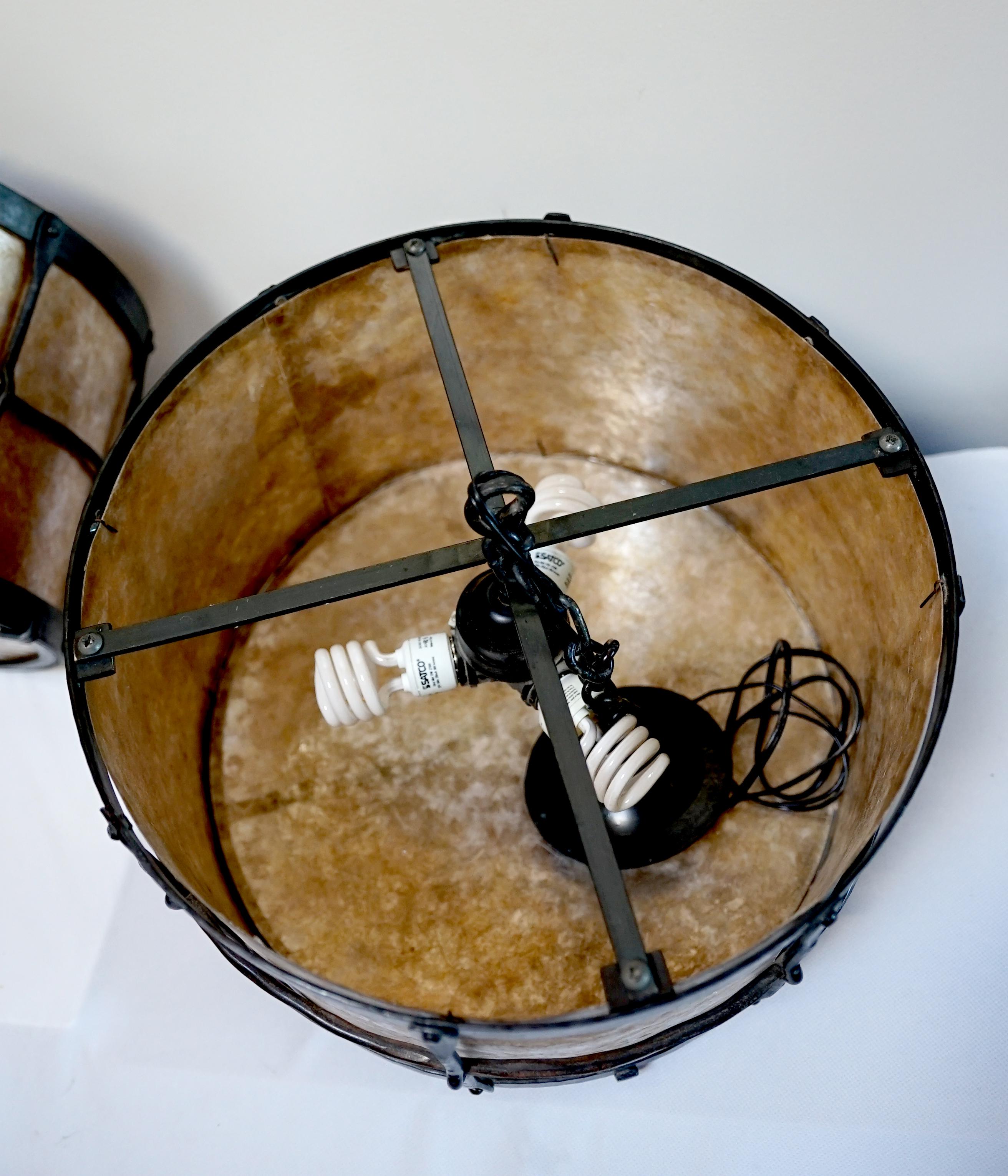 Rustic Mica Texas Lightsmith Vintage Drum Wrought Iron Pendant - Three Lights