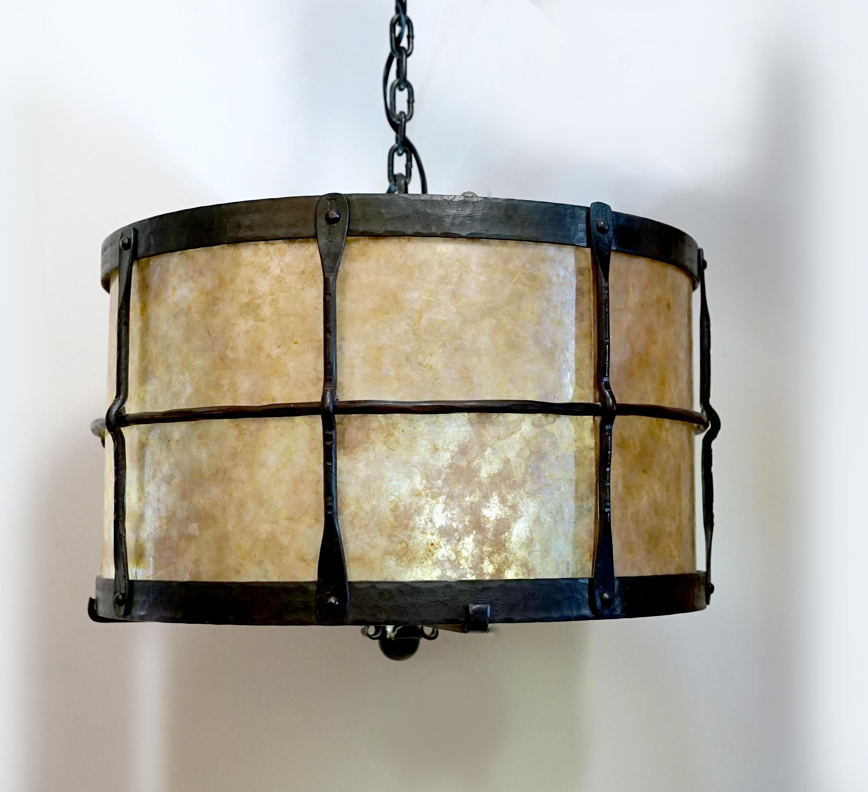 Hand-Crafted Mica Texas Lightsmith Vintage Drum Wrought Iron Pendant - Three Lights