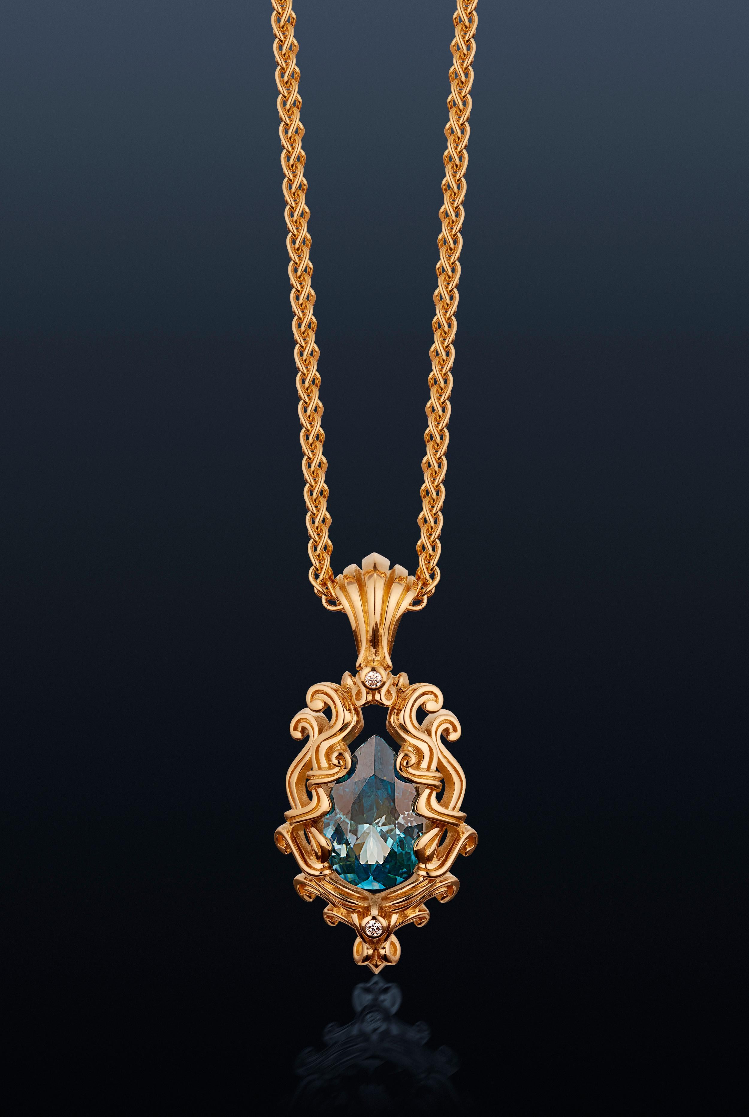 Pendentif poire en or jaune 18K avec zircon bleu Micah Antoni Neuf - En vente à Nashville, TN