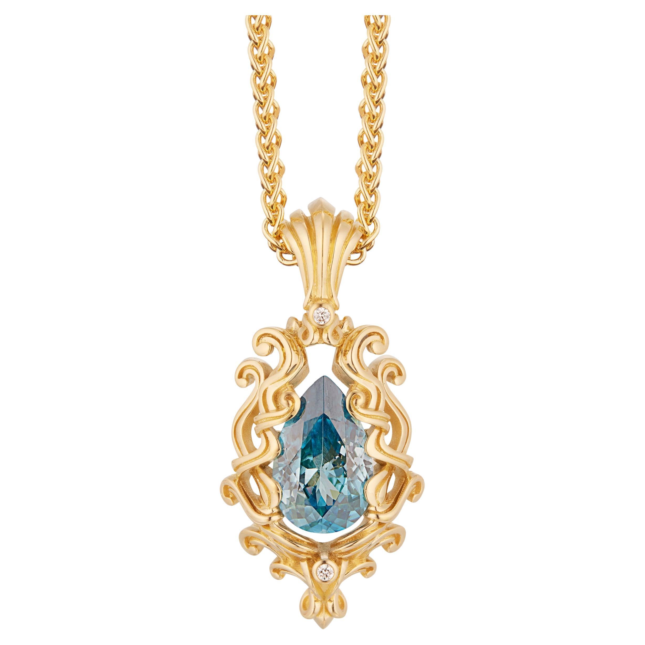 Pendentif poire en or jaune 18K avec zircon bleu Micah Antoni en vente