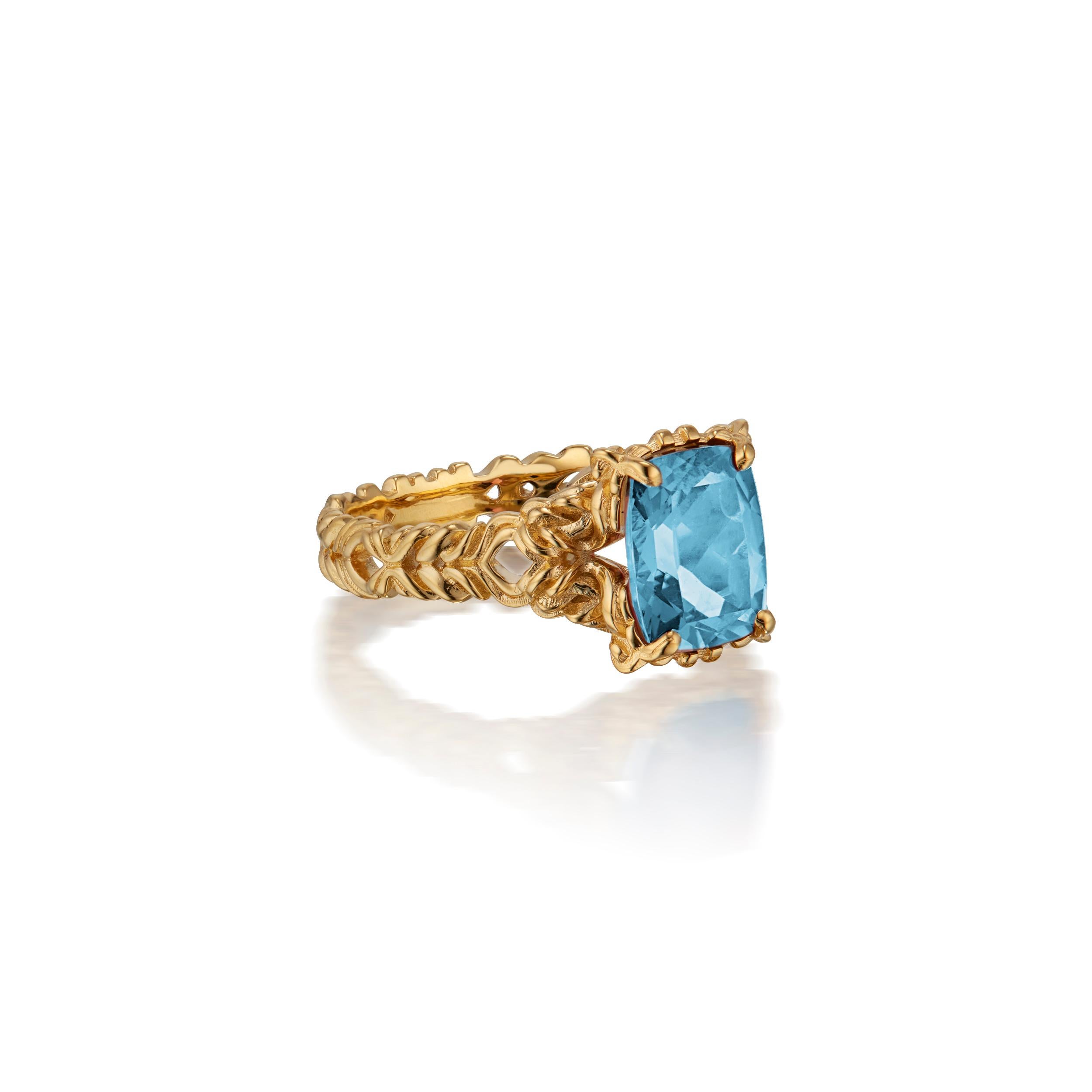 Micah Antoni Blue Zircon 18K Yellow Gold Tracery Alba Ring In New Condition For Sale In Nashville, TN