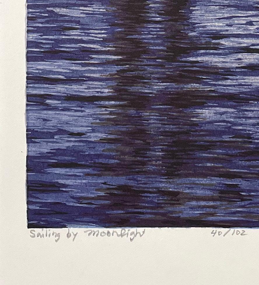 Crayon signé et numéroté de l'édition de 102. Cette gravure sur bois traditionnelle en couleur d'un bateau à voile par une nuit de clair de lune au large de la côte californienne montre l'habileté de Schwaberow à capturer la nature et à créer une