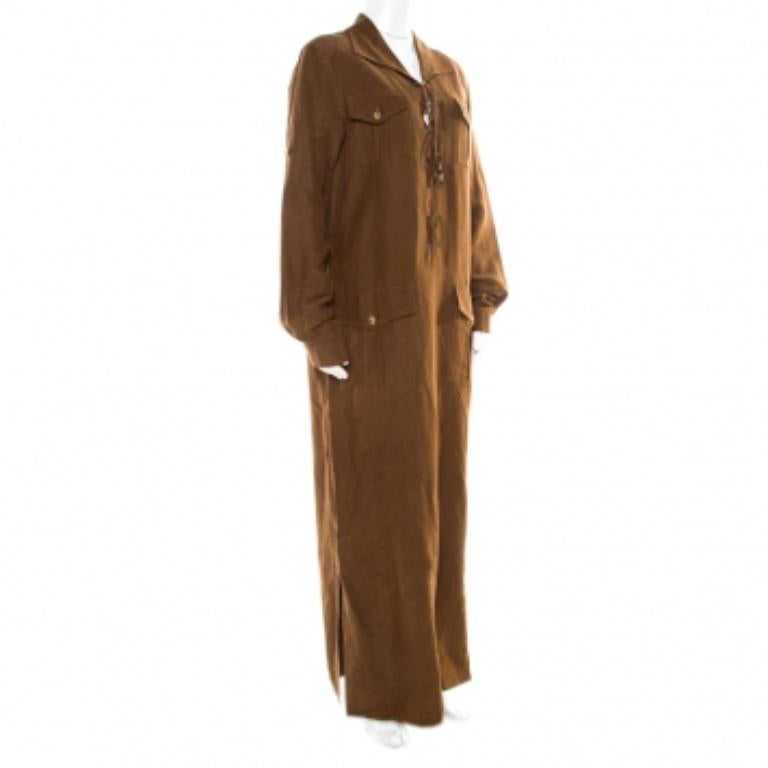 Marron Micahel Kors Pecan Brown Lin Silk Lace Up Safari Dress L en vente