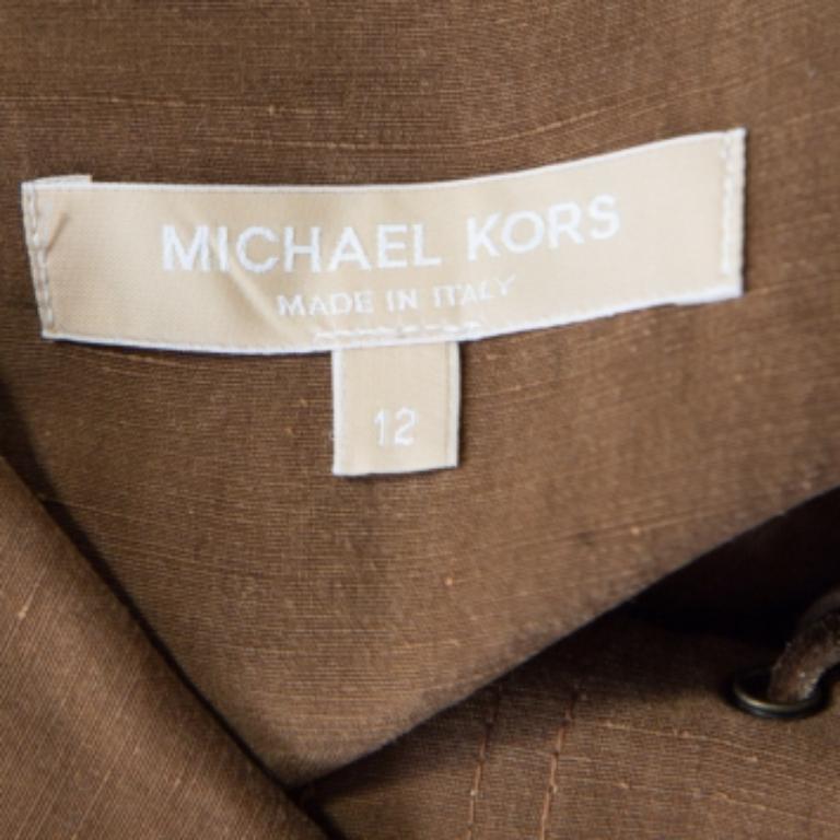 Micahel Kors Pecan Brown Lin Silk Lace Up Safari Dress L Pour femmes en vente