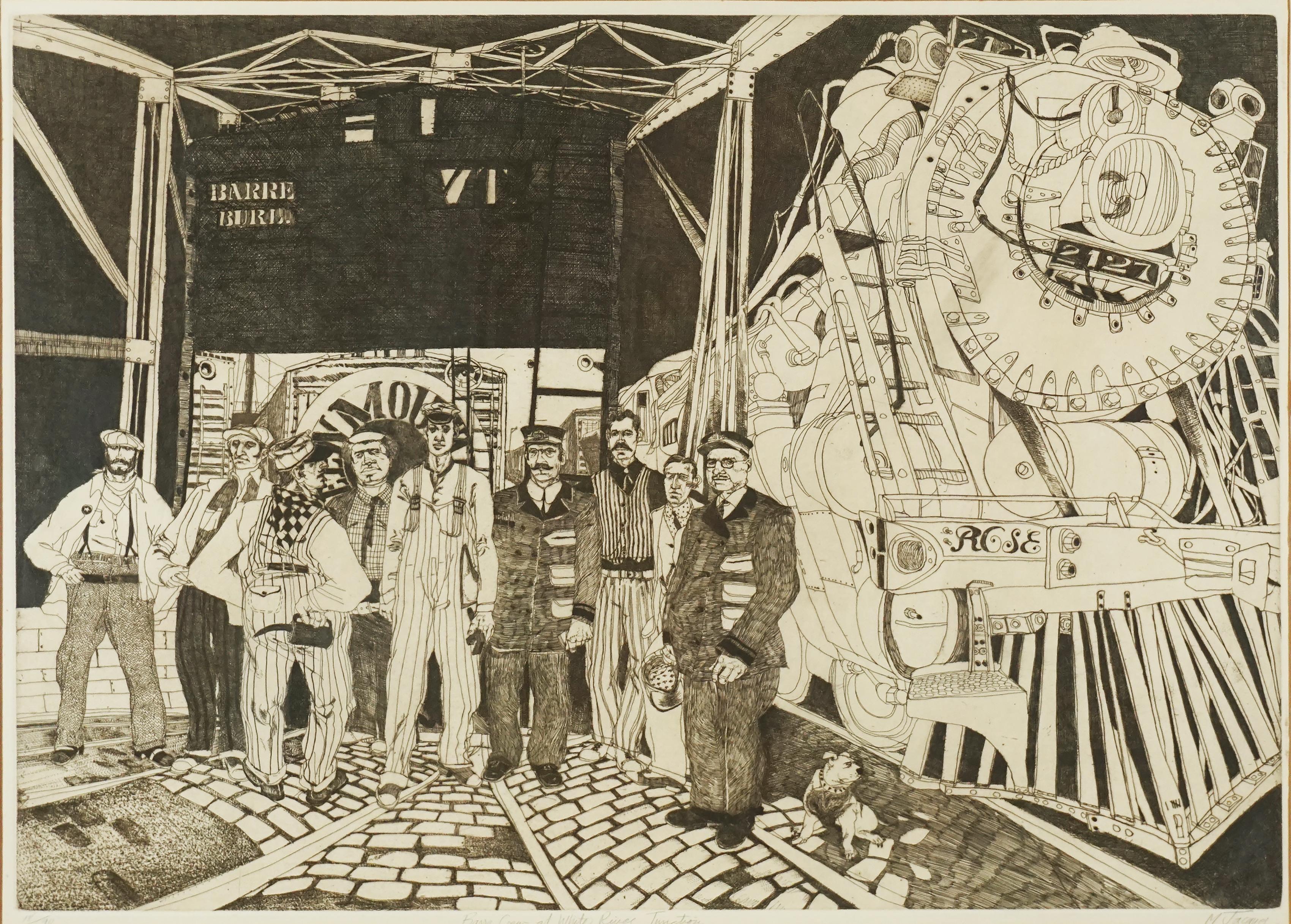 Barre Crew at Vermont's White River Junction, Figural Etching with Train - Print by Micahel Louis Jacques