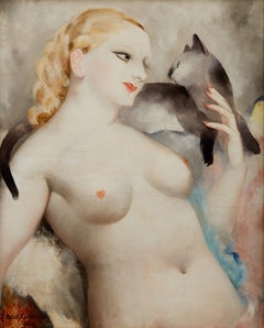Miçao Kono - "Woman with Cat" (1934) - Huile sur toile