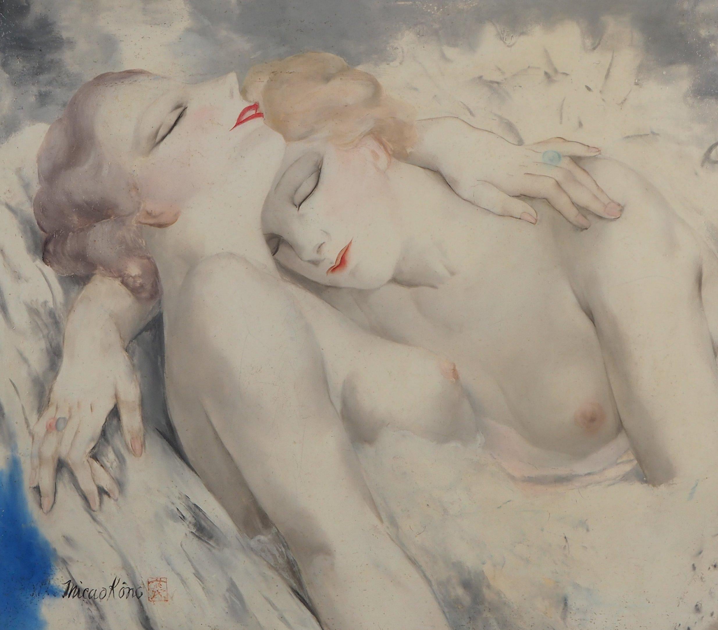 Asleep Ballerinas - Original Oil on Canvas - Signed - Modern Painting by Micao Kono