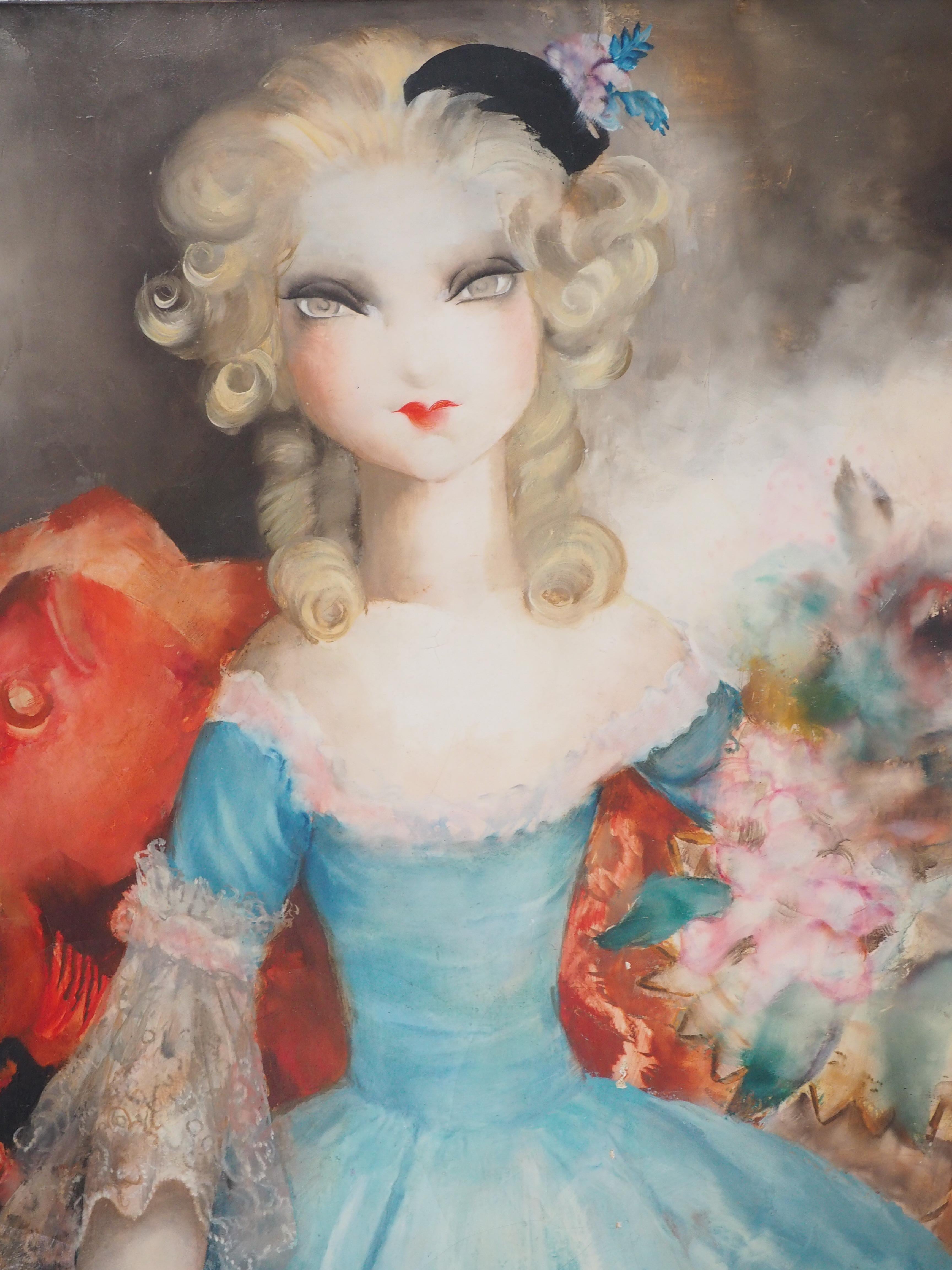 La bambola - Olio originale su tela - Firmato - Figurative Painting Grigio di Micao Kono
