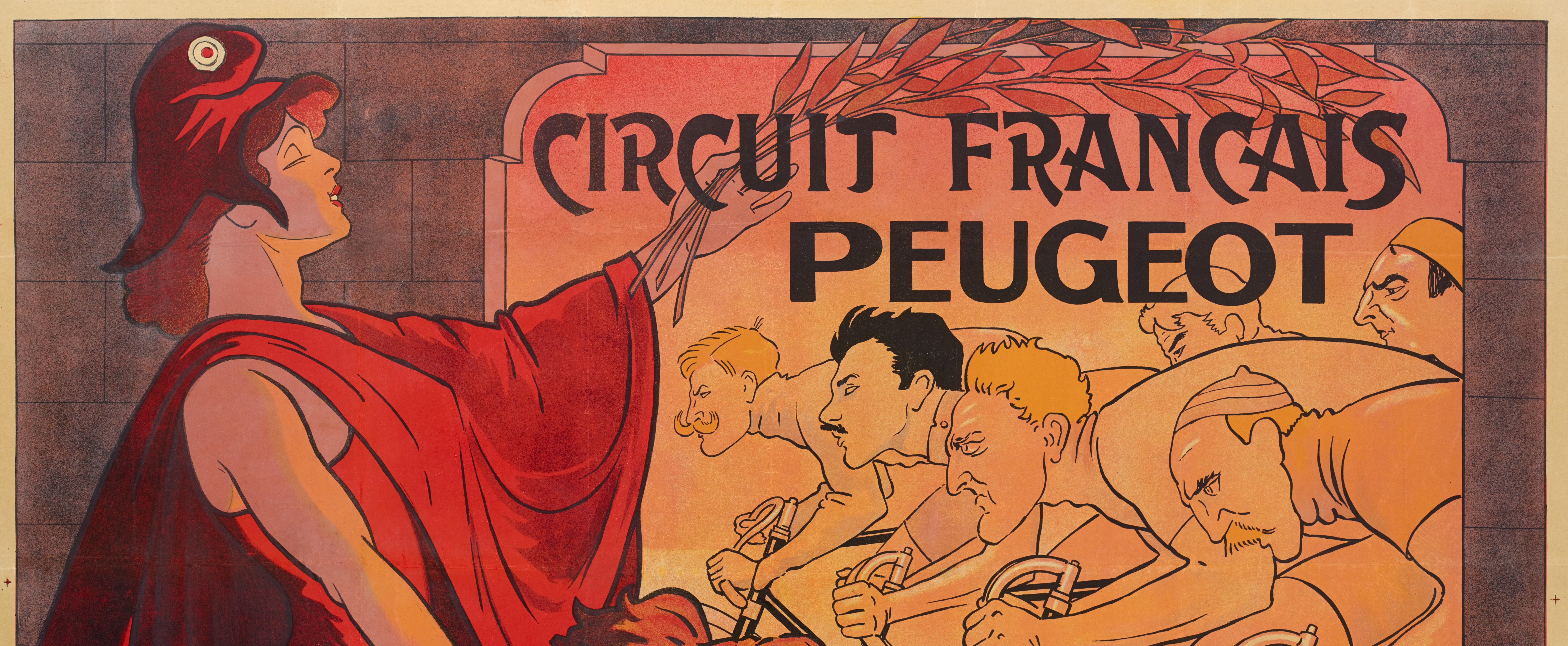 Originales Vintage-Plakat für den Circuit Francais Peugeot von Mich aus dem Jahr 1911.

Künstler: Mich (1881-1923)
Titel: Französische Rennstrecke Peugeot
Datum: 1911
Größe: 63 x 46,9 Zoll. / 160 x 119 cm.
Drucker : Imp L. Revon et Cie, 93 rue