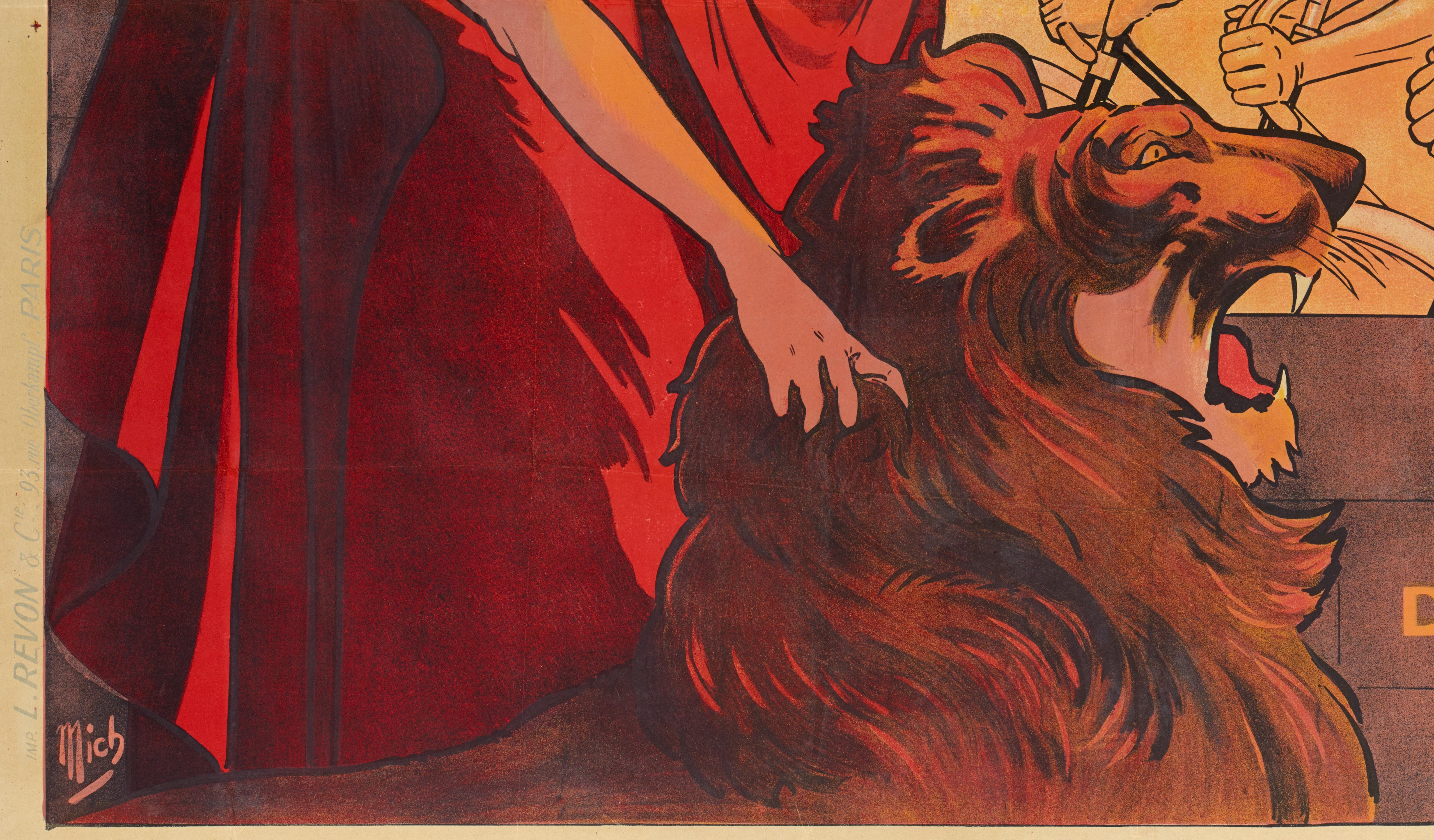Art Nouveau Mich, Original Vintage Poster, Circuit Francais Peugeot, Bike Race, Lion, 1911 For Sale