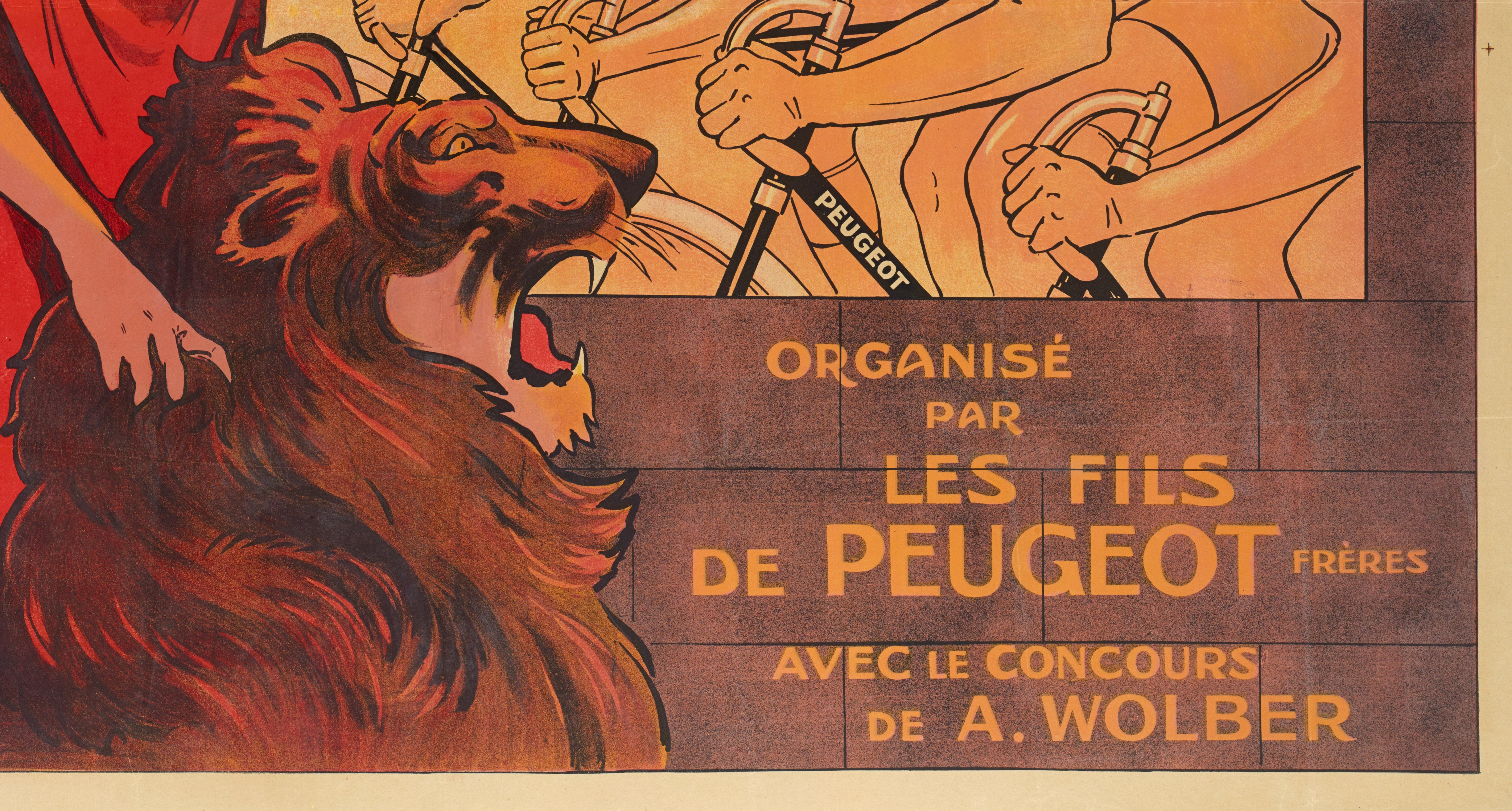 French Mich, Original Vintage Poster, Circuit Francais Peugeot, Bike Race, Lion, 1911 For Sale
