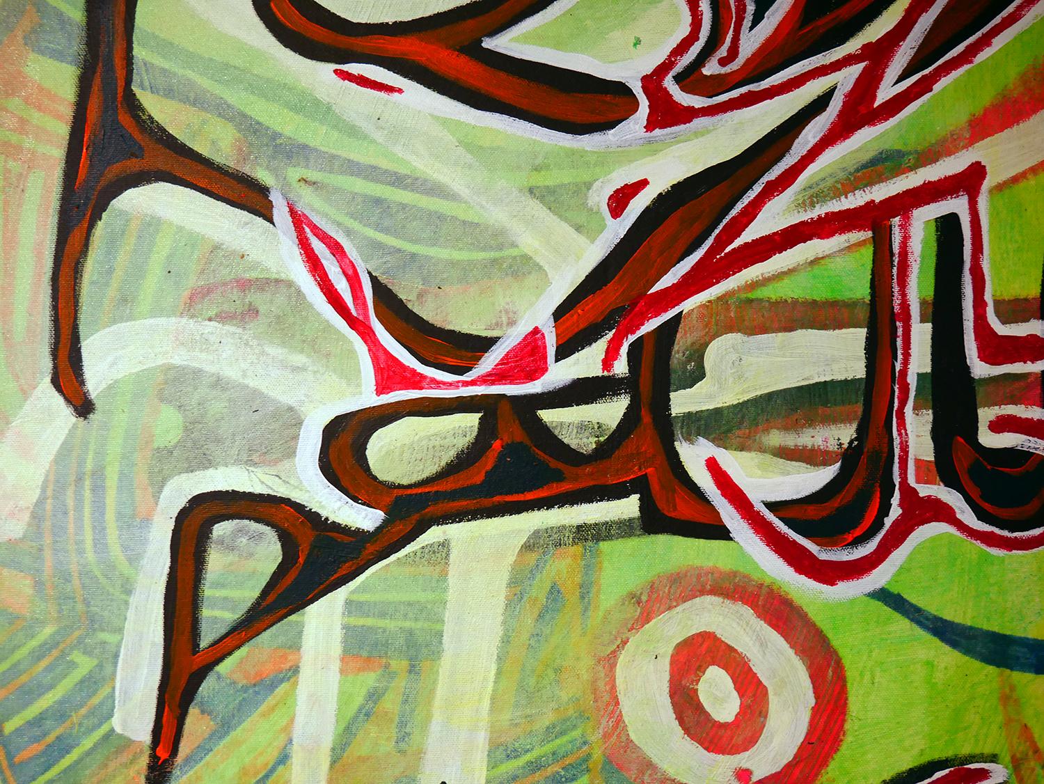 Pittura astratta contemporanea in verde neon e rosso 5
