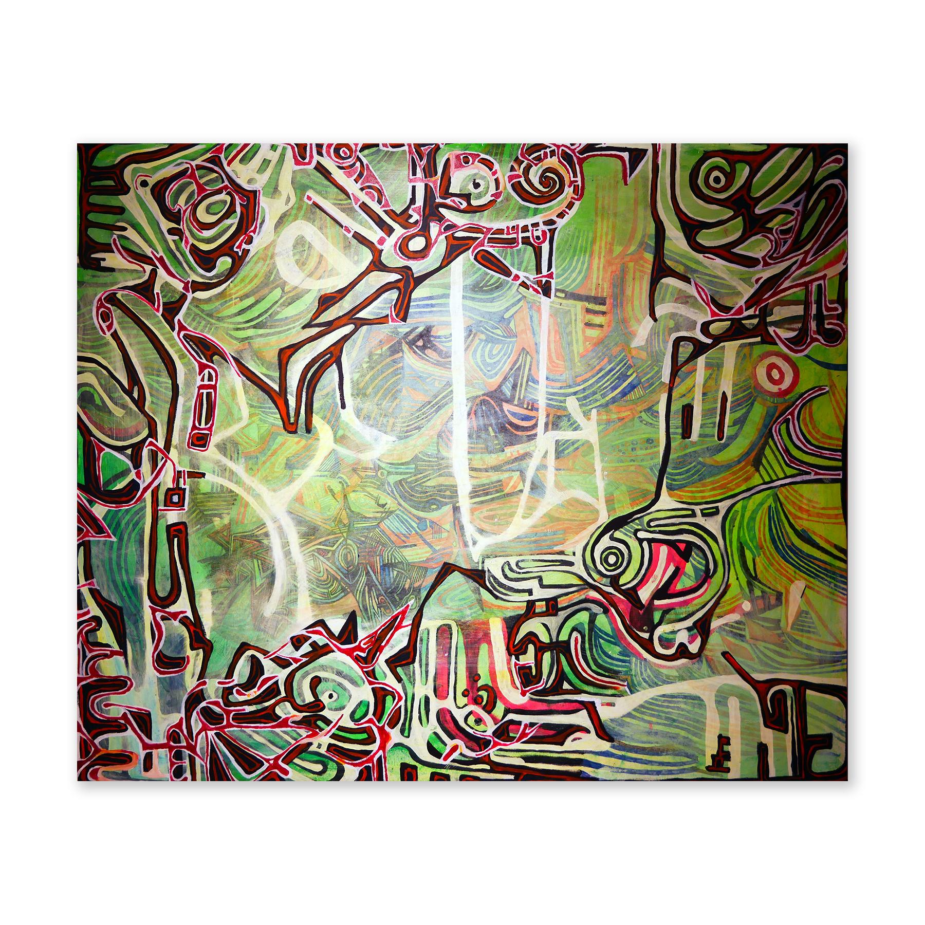 Pittura astratta contemporanea in verde neon e rosso - Painting di Michael Abramowitz