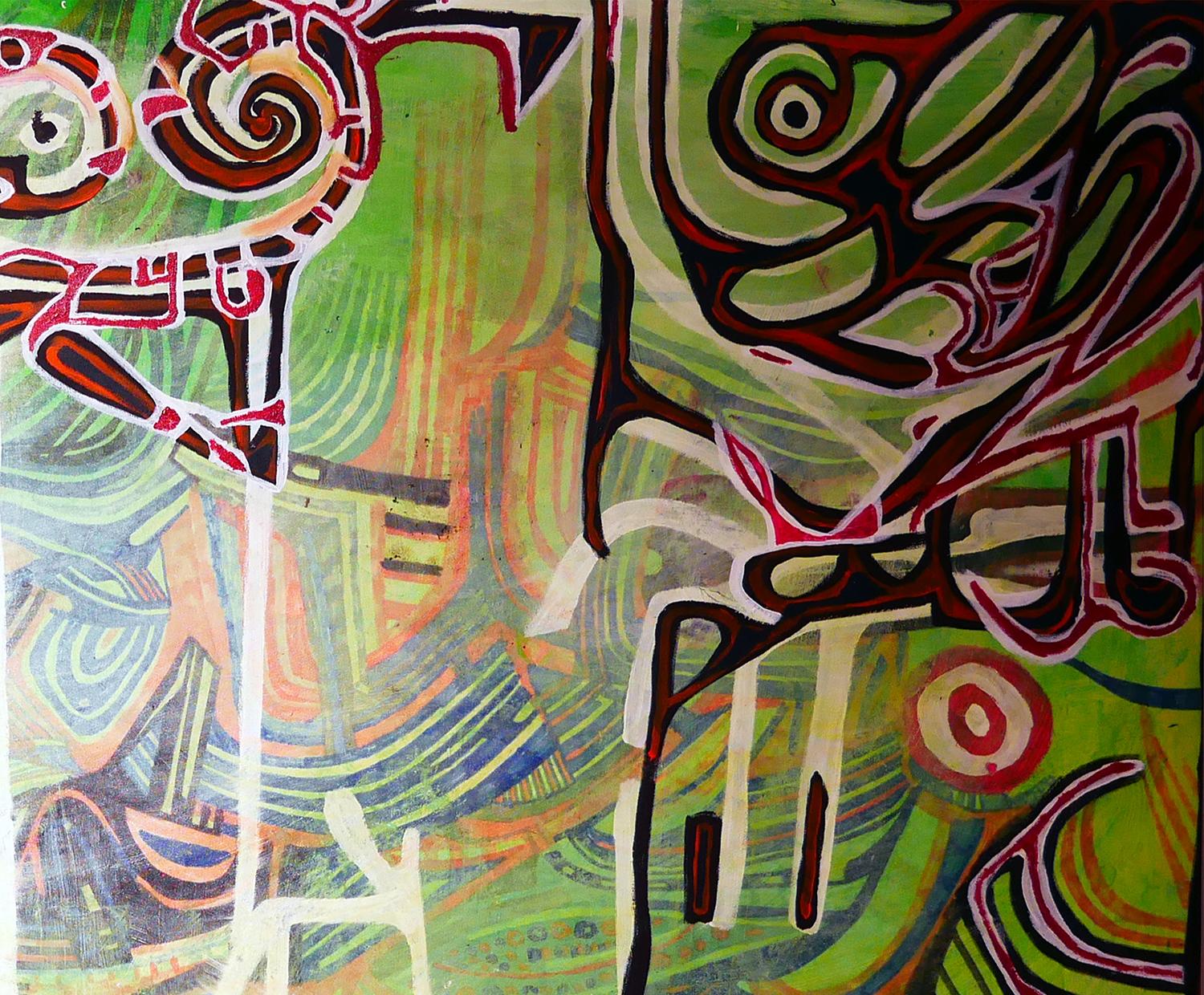 Green and red abstract contemporary painting by Houston, TX artist Michael Abramowitz. This painting depicts abstract patterns such as curves, swirls, and geometric lines against a green background. The red accents on this piece are a standout!