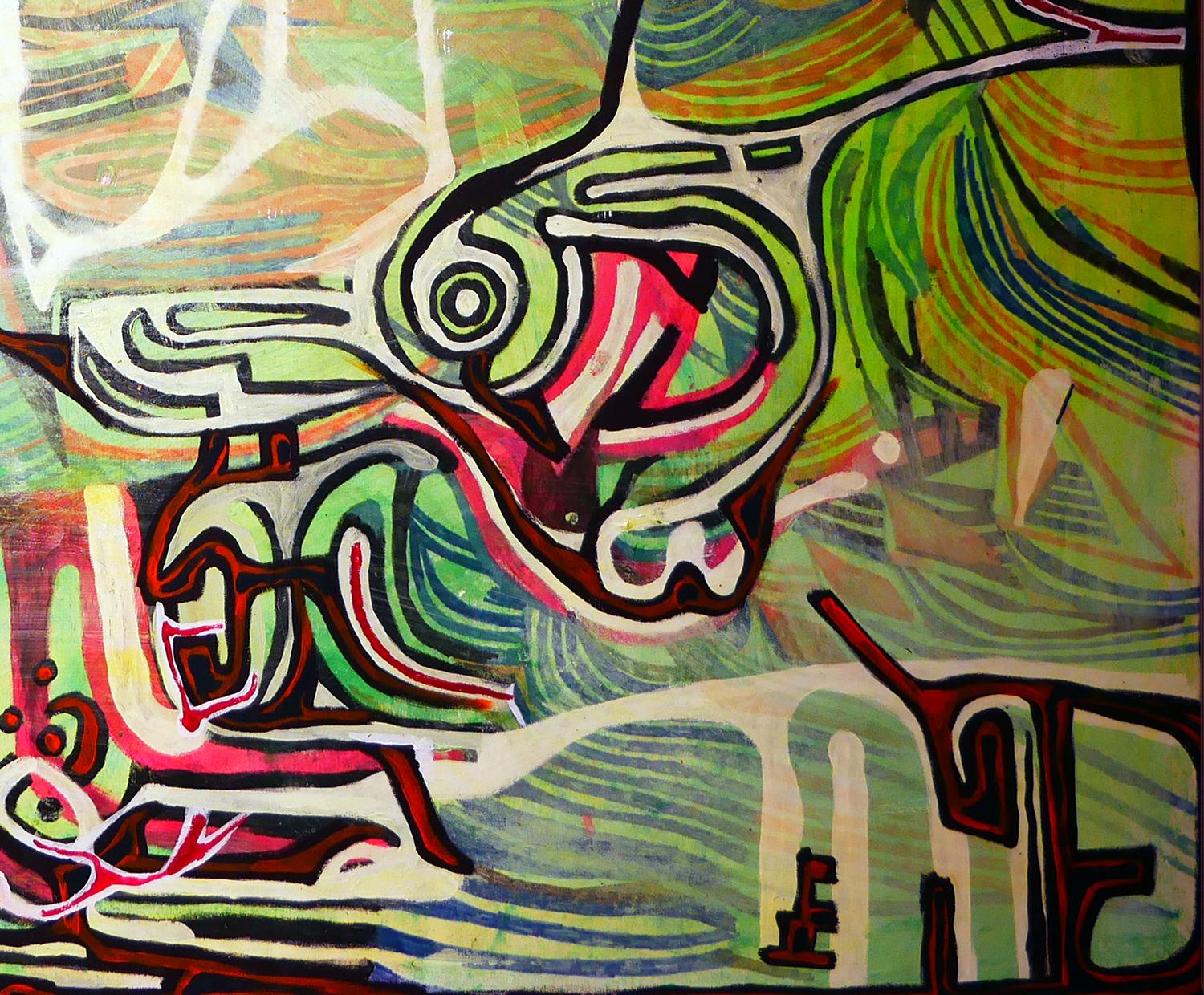 Pittura astratta contemporanea in verde neon e rosso 1