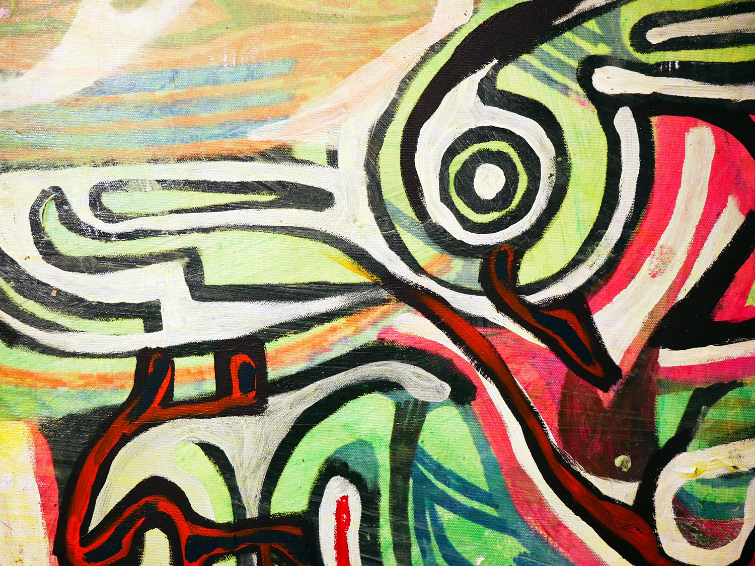 Pittura astratta contemporanea in verde neon e rosso 3