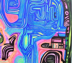 Large Contemporary Pink, Blue, Orange, & Green Neon Abstract Geometric Painting