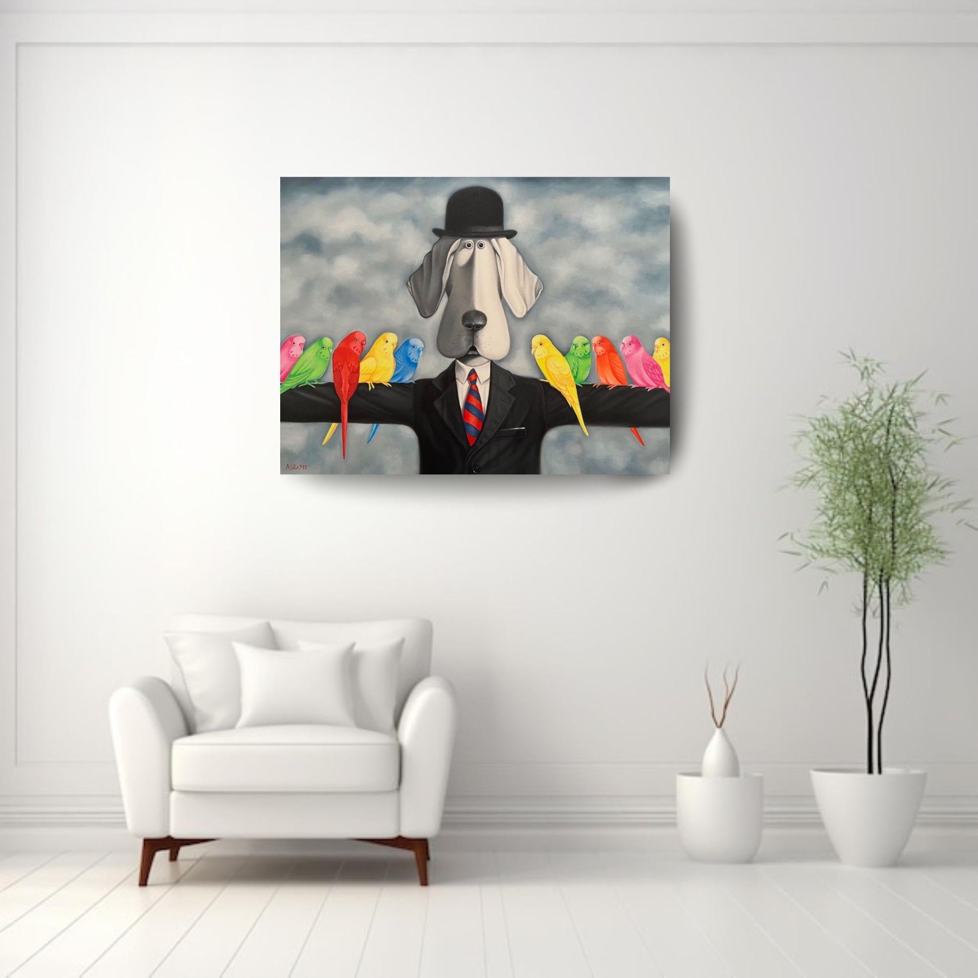 Der Hund der Wellensittiche - Original surrealistisches Tiergemälde - Zeitgenössische Kunst – Painting von Michael Abrams