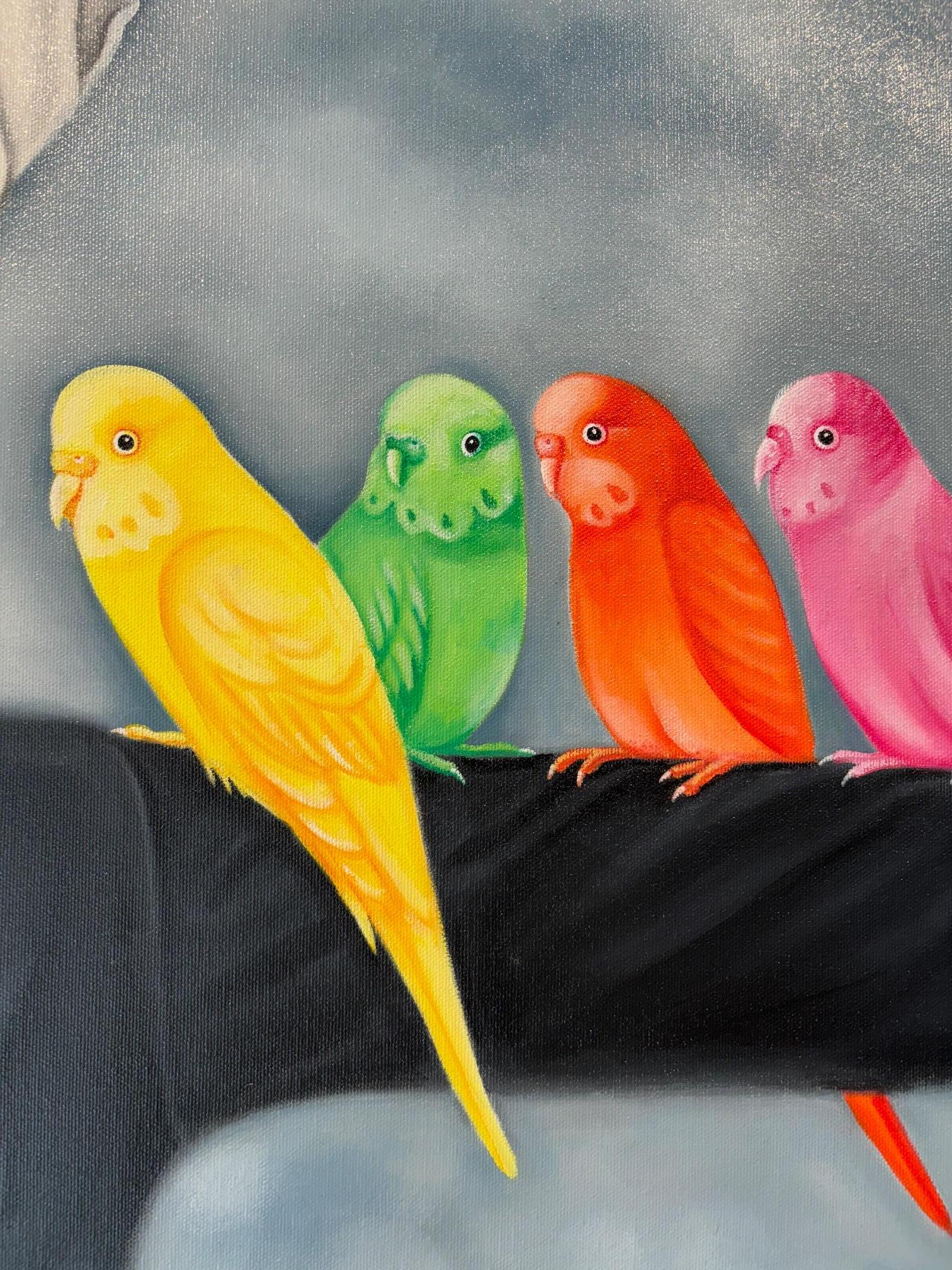 Der Hund der Wellensittiche - Original surrealistisches Tiergemälde - Zeitgenössische Kunst (Surrealismus), Painting, von Michael Abrams