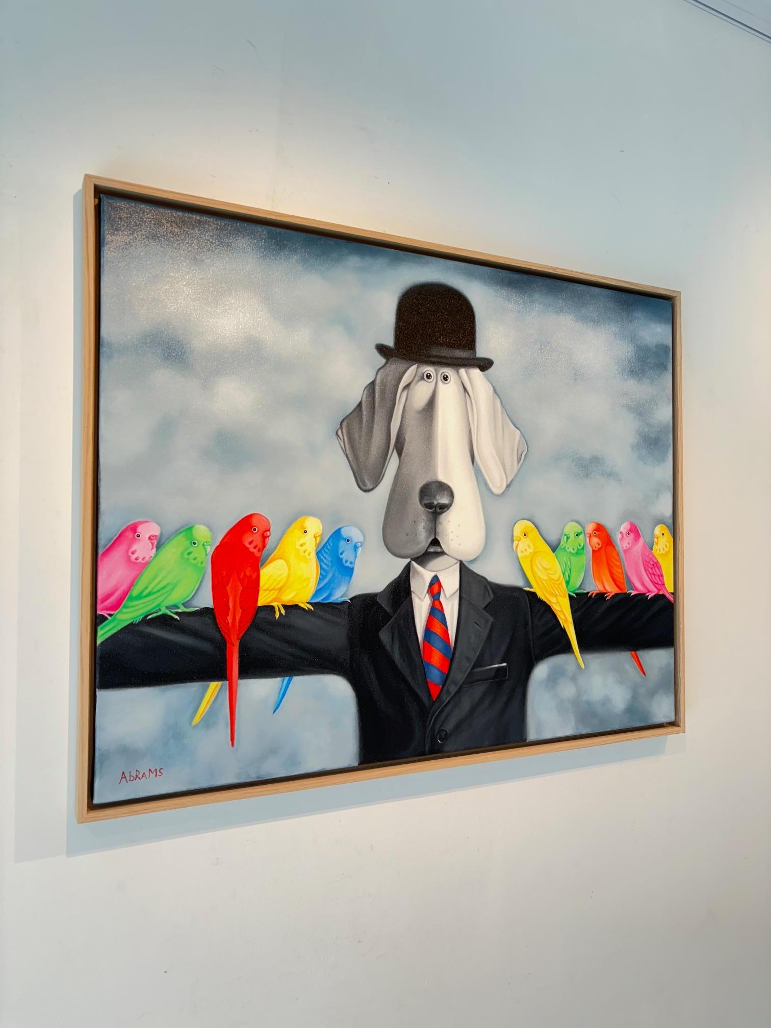 Der Hund der Wellensittiche - Original surrealistisches Tiergemälde - Zeitgenössische Kunst (Grau), Animal Painting, von Michael Abrams