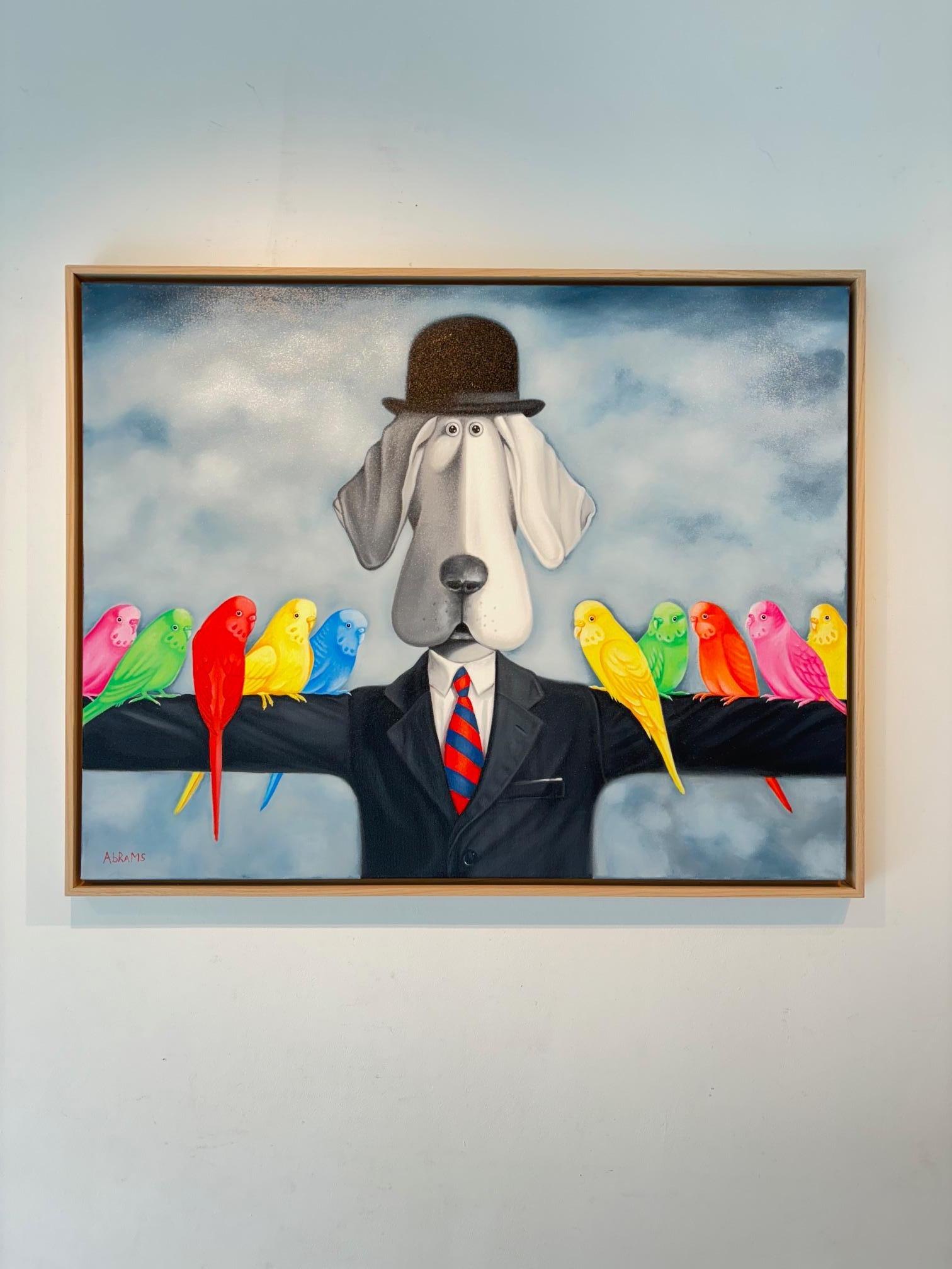 Il mastino dei pappagallini - dipinto surreale originale di animali - arte contemporanea in vendita 2
