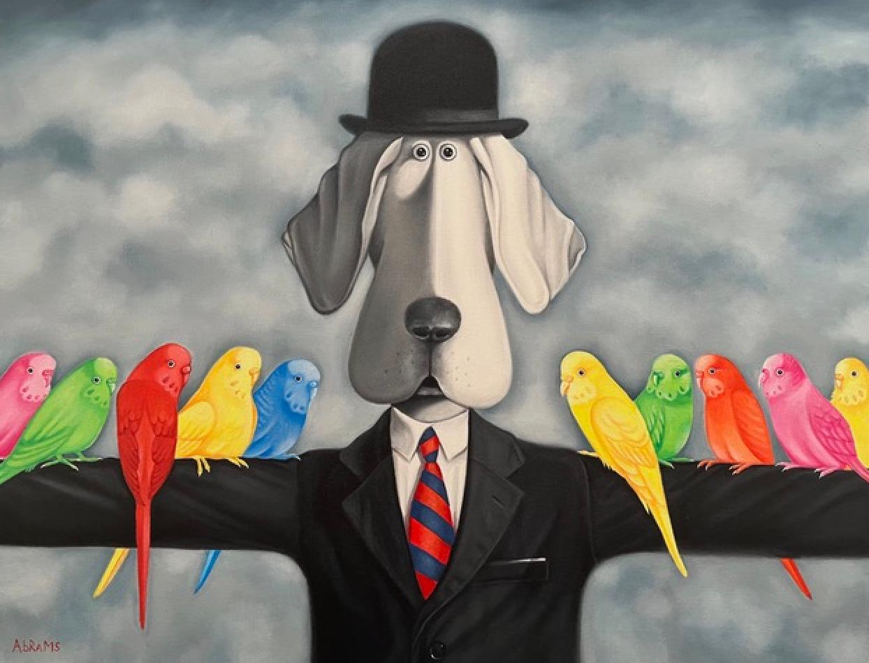 Sabueso de los periquitos- Cuadro surrealista original de animales-arte contemporáneo
