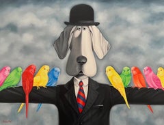 Der Hund der Wellensittiche - Original surrealistisches Tiergemälde - Zeitgenössische Kunst