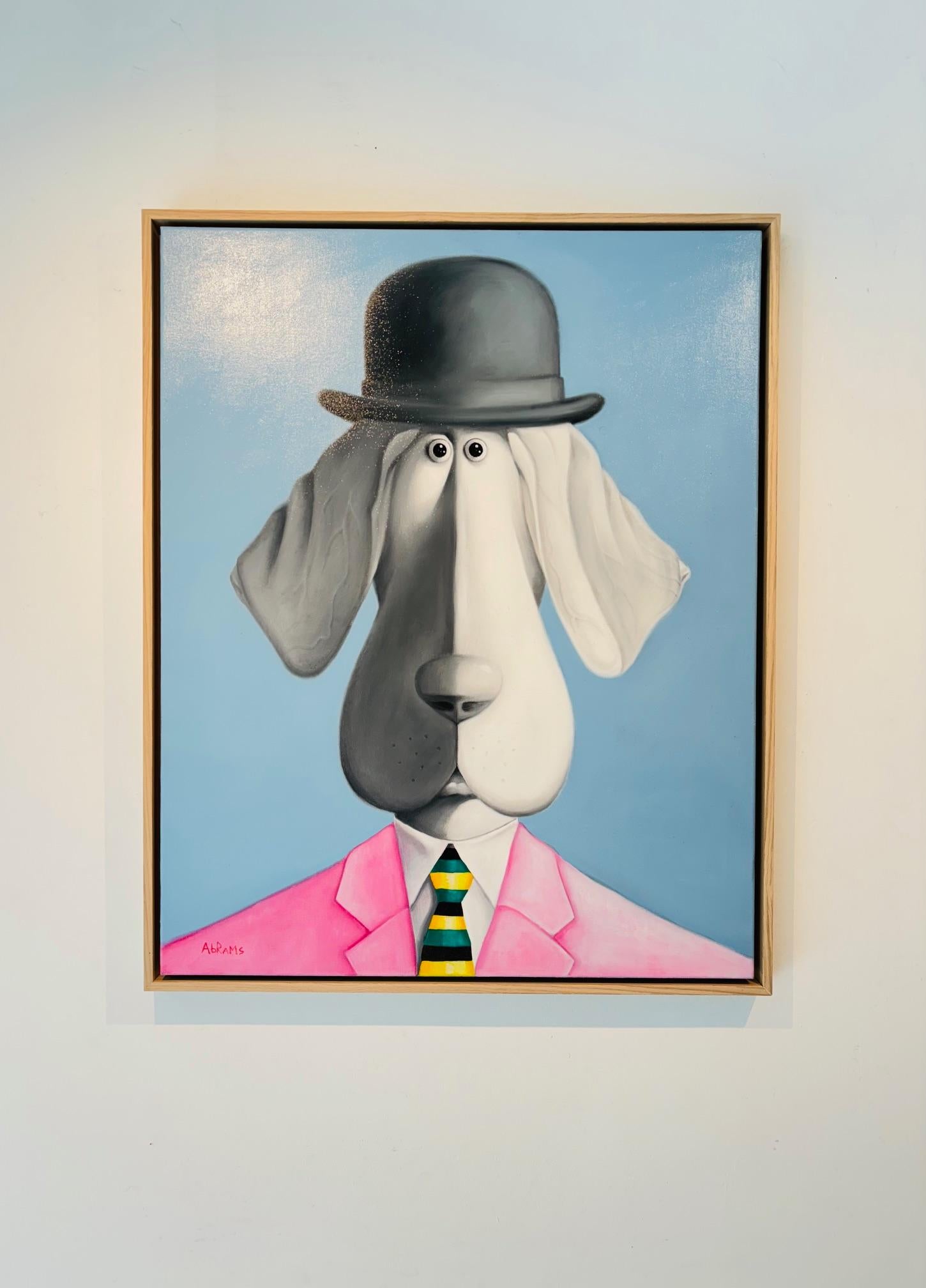Hound with Striped Tie - Original animal surrealistic painting-contemporary art - Gray Animal Painting by Michael Abrams