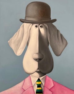 Michael Abrams - Hound with Striped Tie - Original animal surrealistic painting-contemporary art Hound with Striped Tie - Original animal surrealistic painting-contemporary art