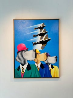 Top Dog - Original Surrealism Oil Painting of Hound in Bowler Hat, 90x70 cm
