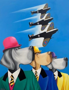 Top Dog - Original Surrealism Oil Painting of Hound in Bowler Hat, 90x70 cm