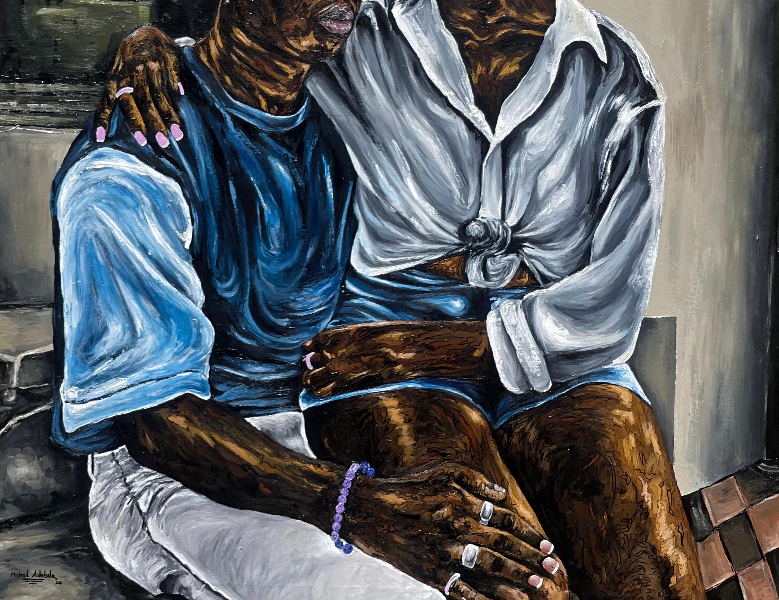 A Bond Unspoken -Siglo XXI Contemporáneo, Retrato Figurativo, Mujeres, Hombres Amor - Painting Conceptual de Michael Adetula