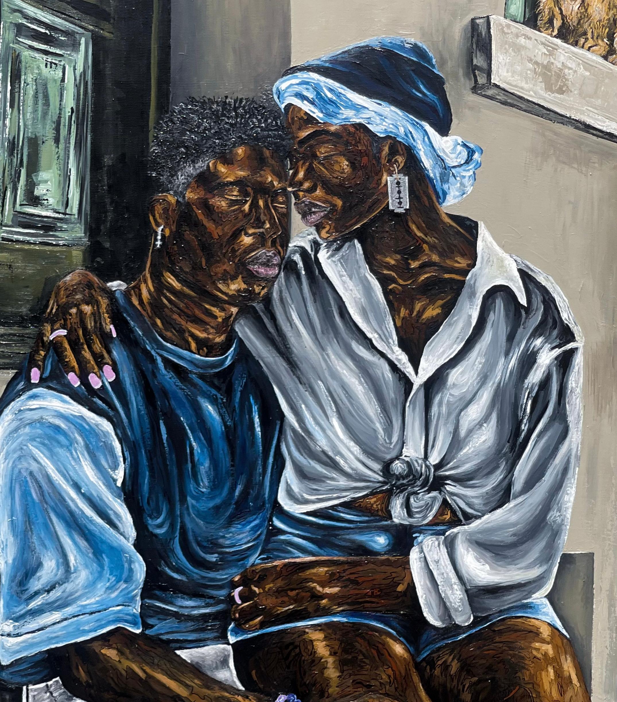 A Bond Unspoken -Siglo XXI Contemporáneo, Retrato Figurativo, Mujeres, Hombres Amor - Figurative Painting Negro de Michael Adetula