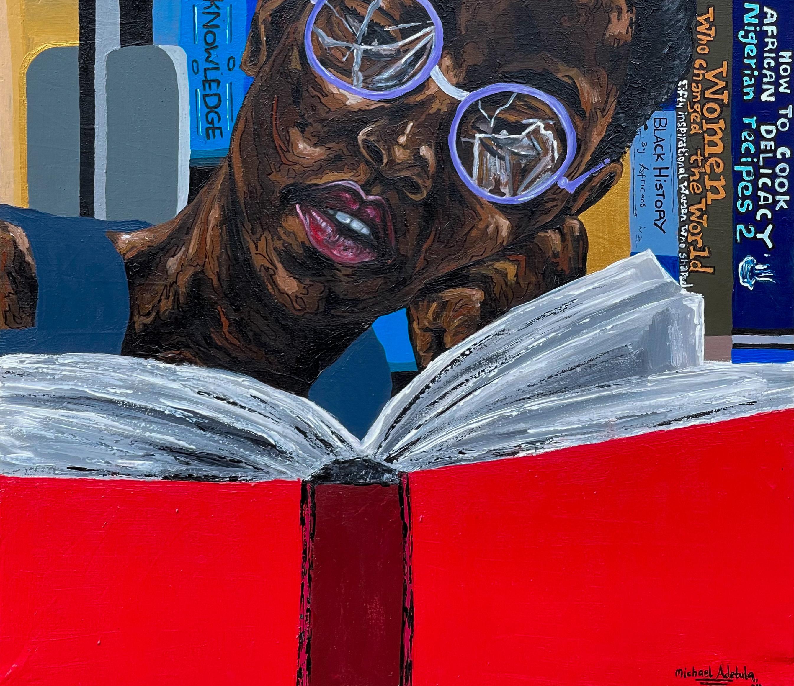 Claridad en medio del caos -Siglo XXI Contemporáneo, Figurativo, Mujer, Libro, Moderno - Painting Conceptual de Michael Adetula