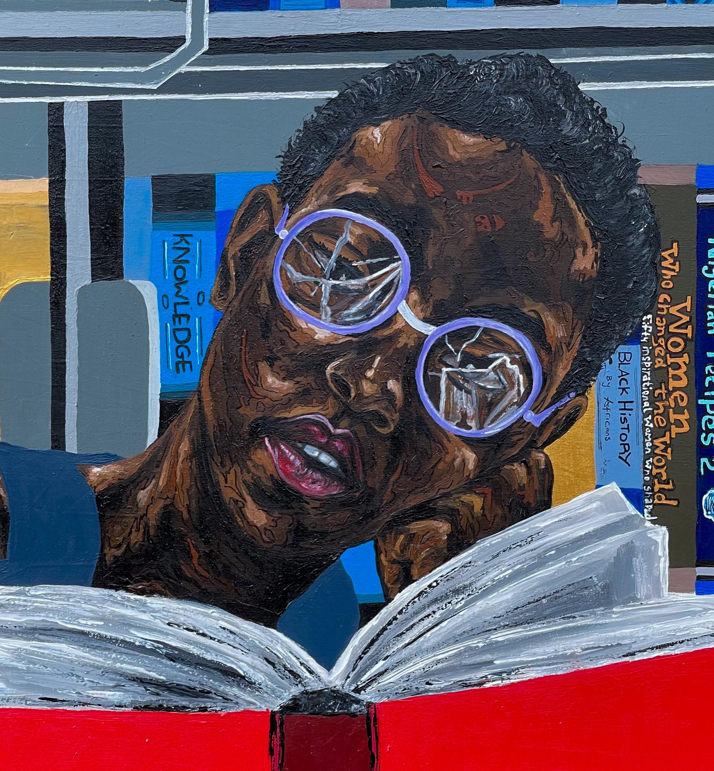 Claridad en medio del caos -Siglo XXI Contemporáneo, Figurativo, Mujer, Libro, Moderno - Figurative Painting Púrpura de Michael Adetula