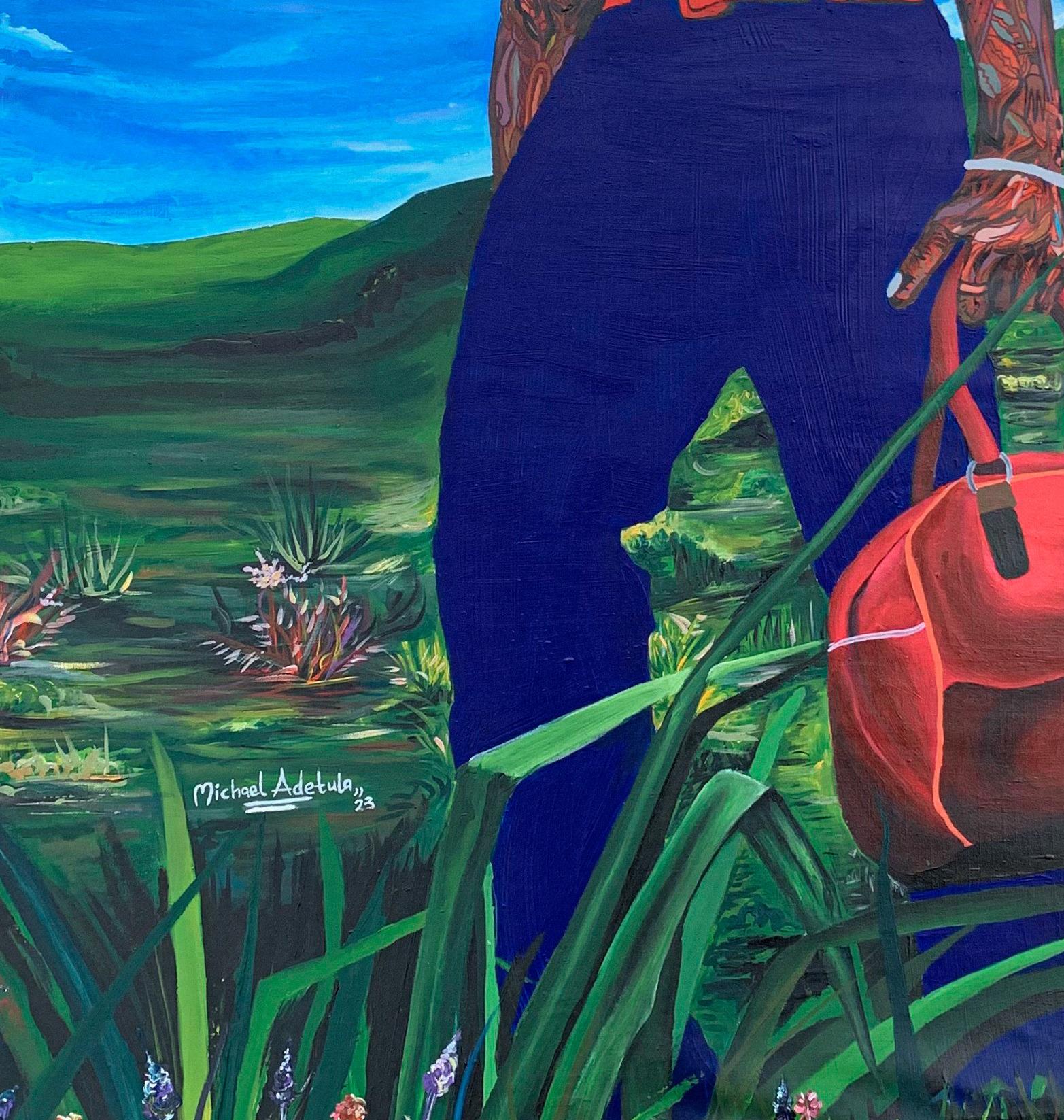 Loin de chez soi - Bleu Figurative Painting par Michael Adetula