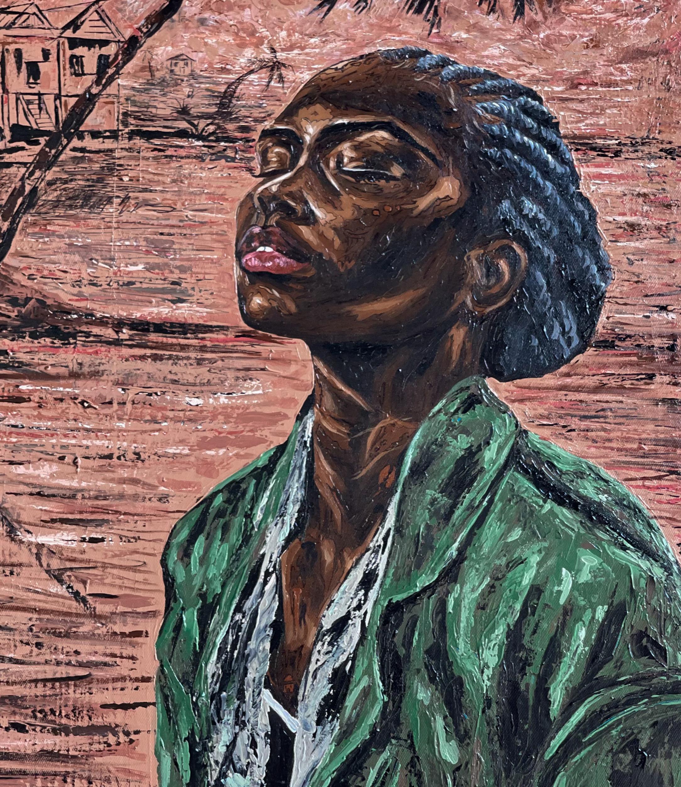 Speranza dall'alto -21° secolo contemporaneo, Ritratto figurativo, Donna, Moderno - Figurative Painting Marrone di Michael Adetula